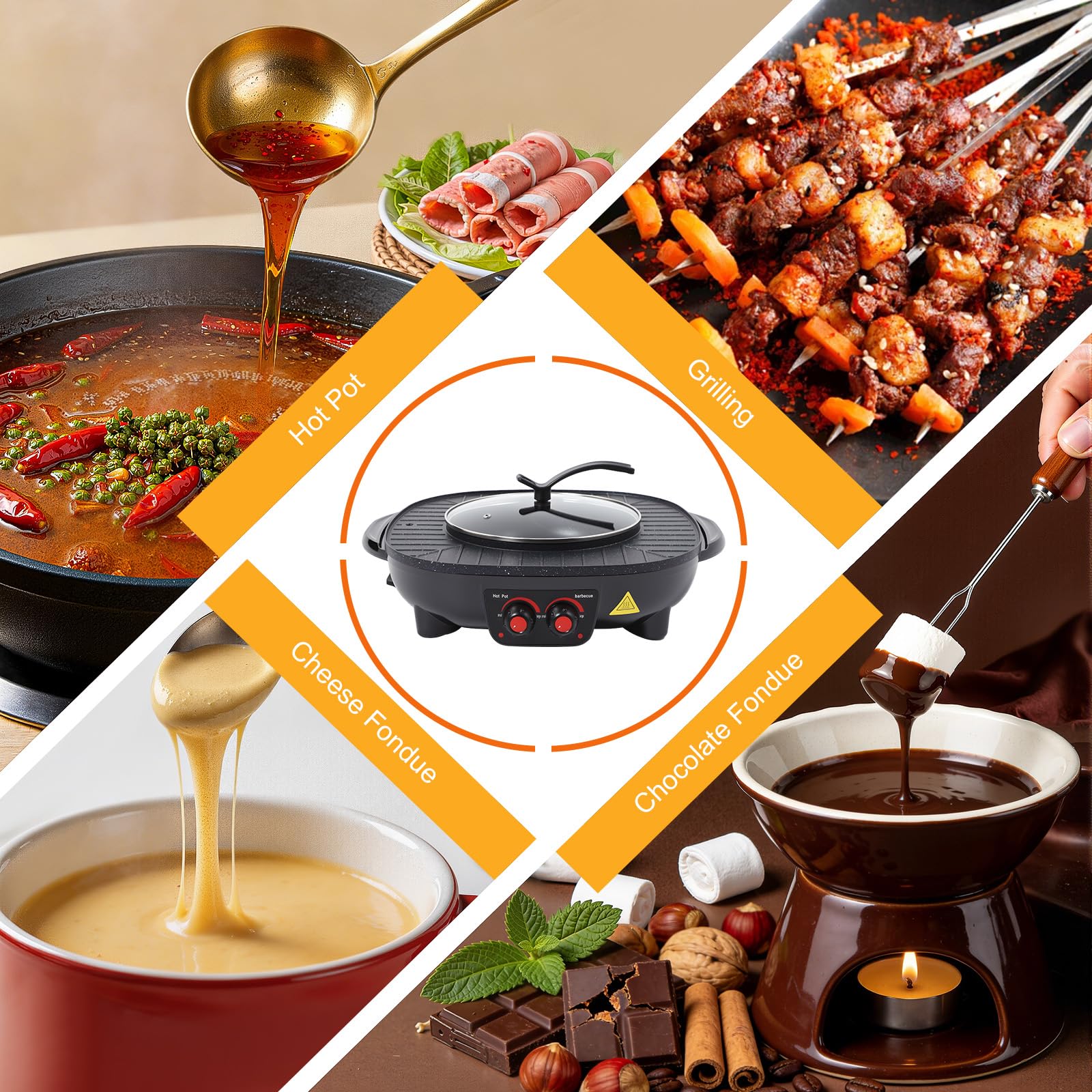Electric Hot Pot e grill, 2000 W, padella elettrica multifunzione, capacità 3 l, con coperchio, manico del coperchio, per interni, coreano, barbecue, fonduta e raclette XXL, per 5-6 persone