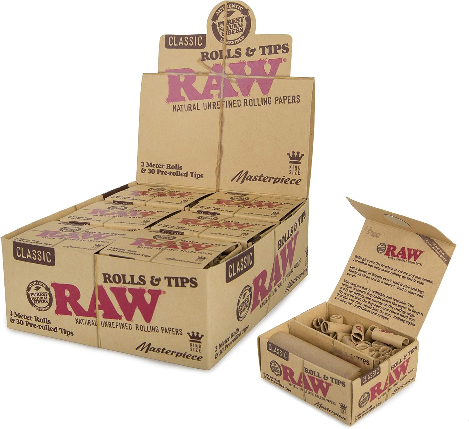 RAW Classic Natural Unrefined Rolling Papers Tips - 3 Meters Masterpiece Pre Rolled Tips - 12 Pack Count Display Box -Raw Rolls Masterpiece Filters x 12 No Nicotine