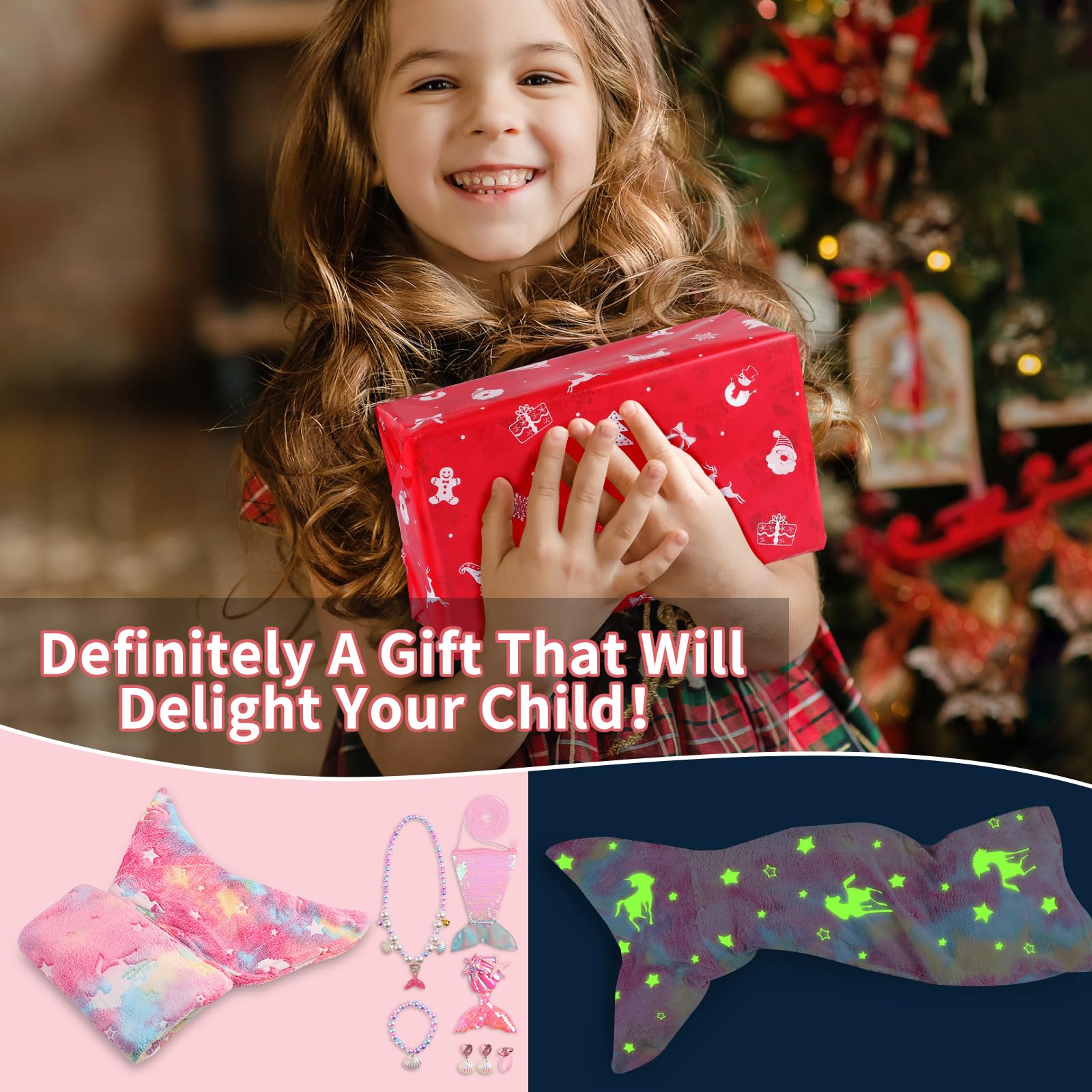 Cyiecw Saco Dormir Niña Manta Infantil Sirena 100x50CM, Aleta de Sirena Niños Manta Resplandor en la Oscuridad, Manta de Franela Sirena con Bolso de Lentejuelas y Accesorios de Joyería de Sirena