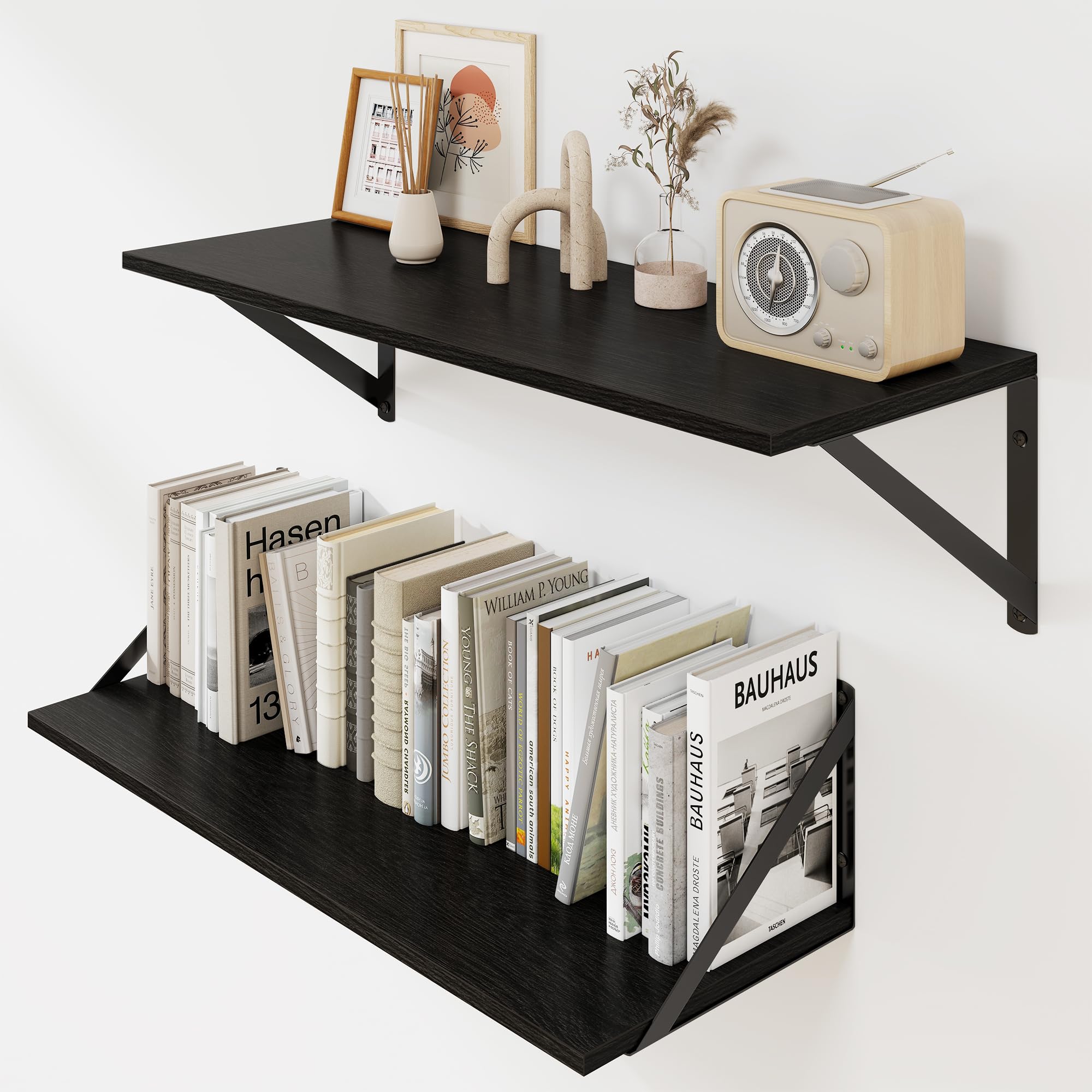 Heimlove Floating Shelves Set of 2, 60cm Black Wall Shelves with Metal Brackets, Book Shelf 15cm Deep for Living Room, Bedroom, Kitchen, Bathroom, Home Office & Book Storage