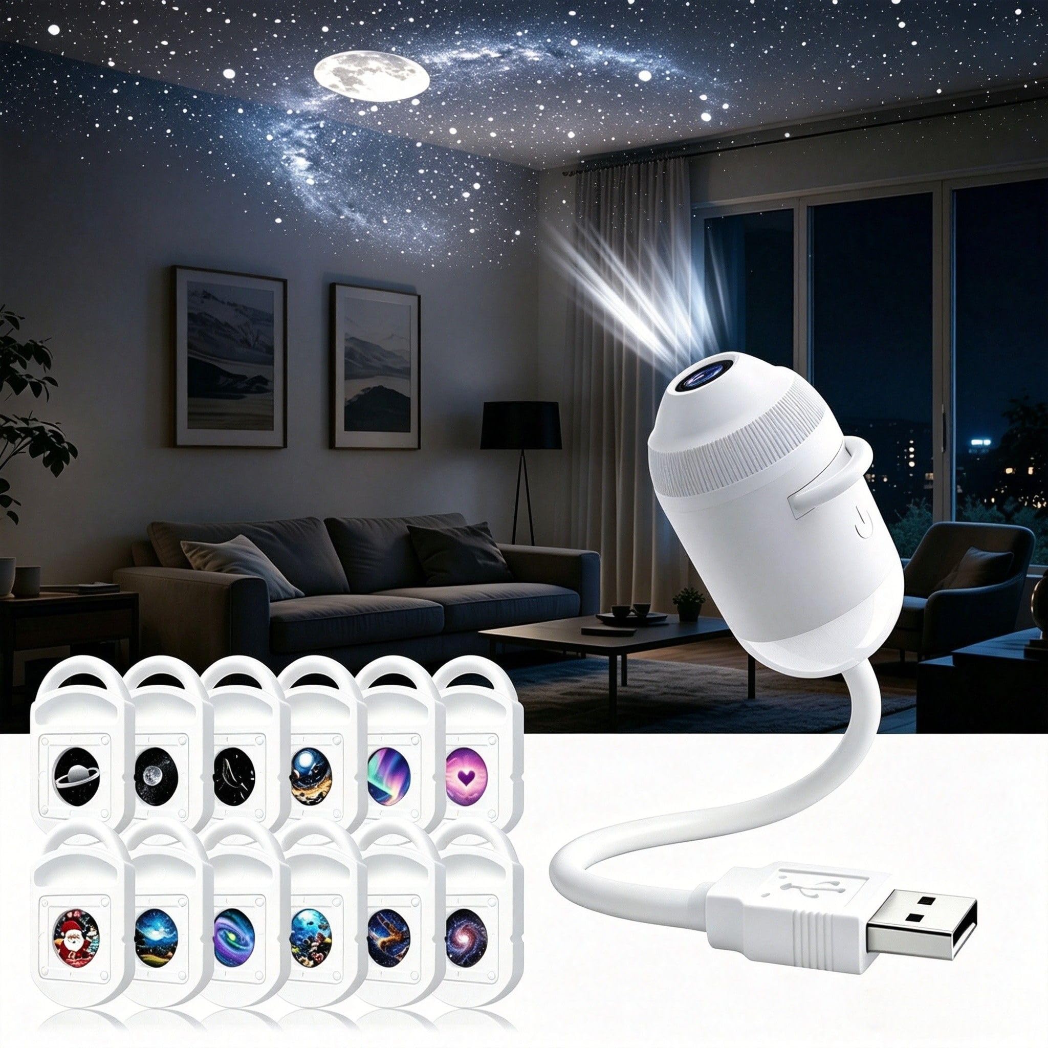 2-in-1 Galaxy Projector Night Light,USB Galaxy Projector with 12 Projection Films,360° Adjustable 2-in-1 Night Light + Galaxy Projector,Starry Night Light Projector for Car,Bedroom Decor