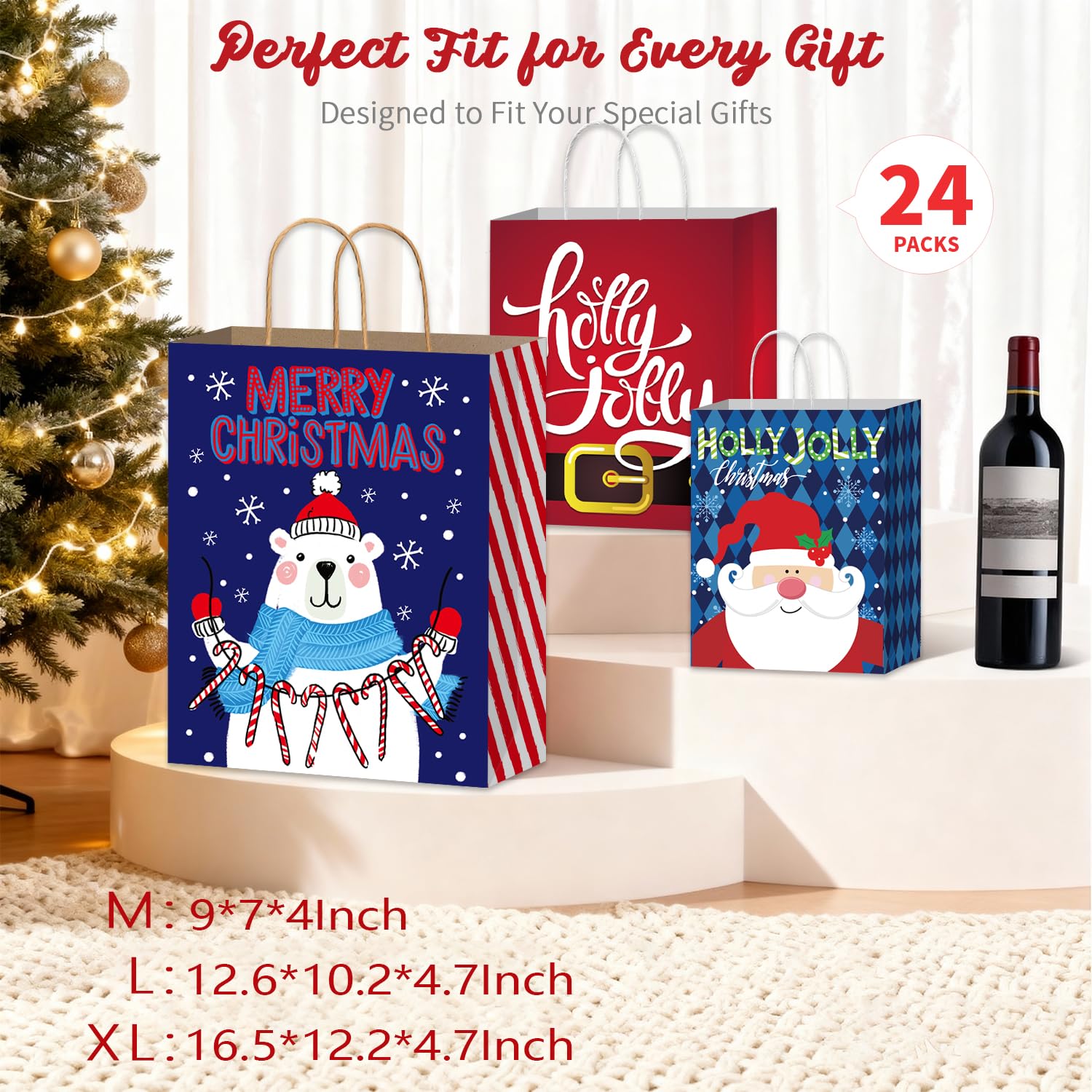 Nimbbex Confezione da 24 sacchetti di carta kraft per regali di Natale, con manici, dimensioni assortite, per feste di Natale, confezioni regalo di Natale (8 Jumbo, 8 grandi, 8 medi)