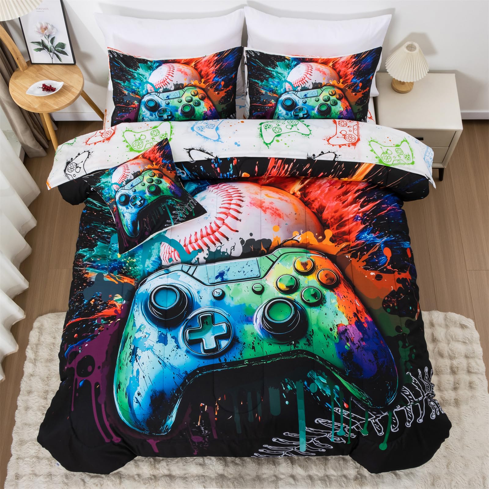 Aimuan Gamer Gaming Bedding Sets 3D Gamepad Comforter Sets for Boys Games Console Action Buttons Novelty Colorful Game Controller Modern Room Decor