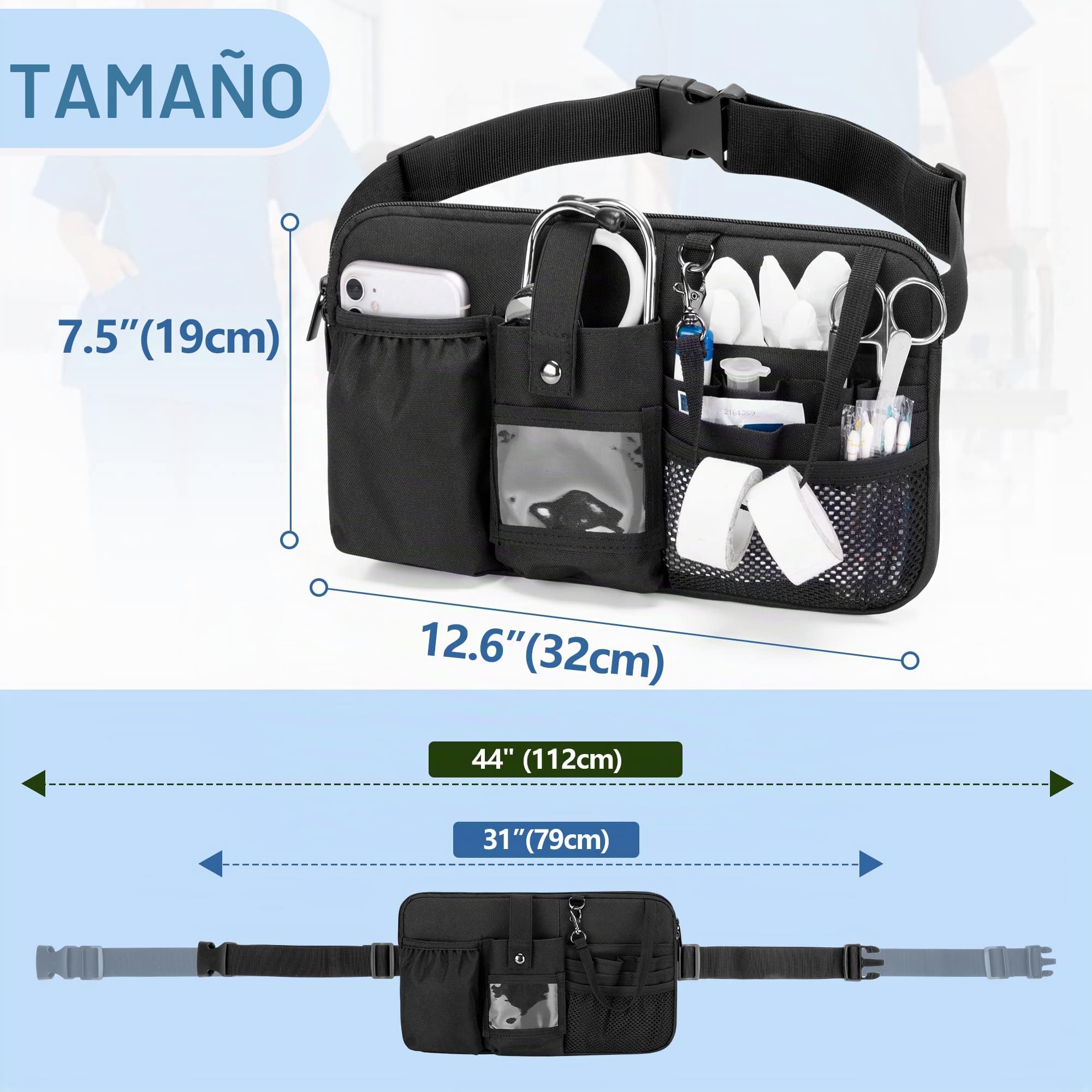 Trunab Riñonera Enfermera Multifuncional con 12 Bolsillos para Estetoscopio, Soporte para Cinta, Cinturón Ajustable, Bolsa Organizadora Médica para Enfermera y Estudiante de Enfermería, Negro