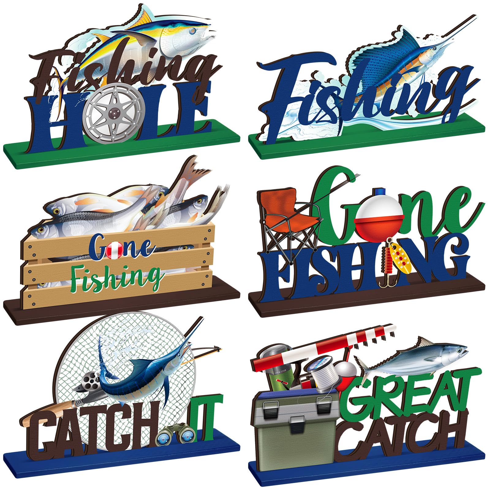 Threehoney 6 Sets Fishing Table Decor Summer 3D Fishing Table Decor Gone Fishing Party Wooden Fishing Theme Centerpieces Fisherman Friends Mas Party Decor for Birthday Baby Shower Party Decorations