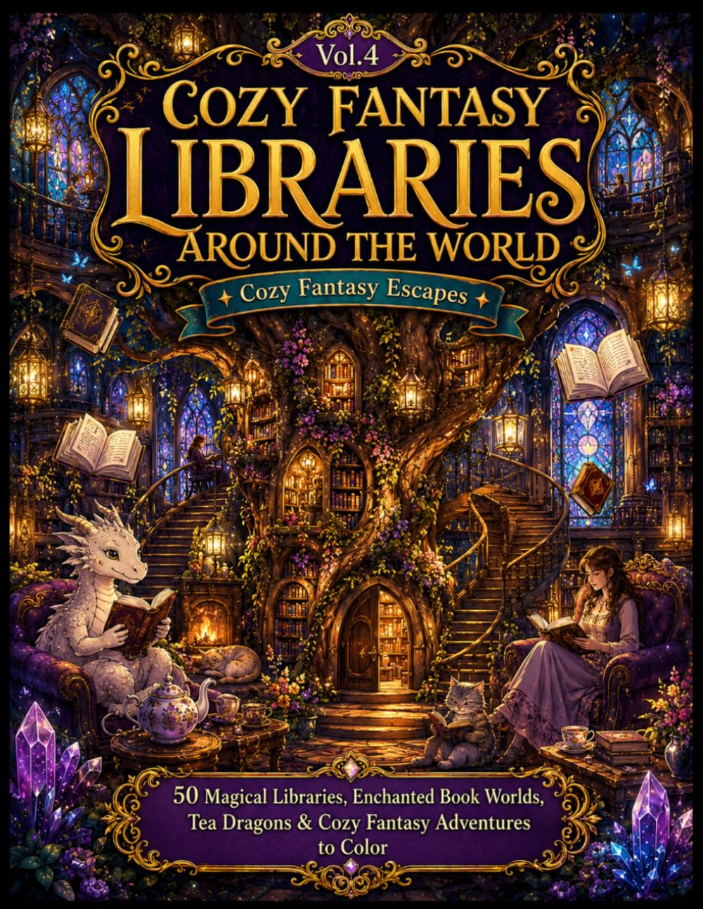 Cozy Fantasy Escapes Vol. 4: Cozy Fantasy Libraries Around the World: 50 Magical Libraries, Enchanted Book Worlds, Tea Dragons & Cozy Fantasy Adventures to Color