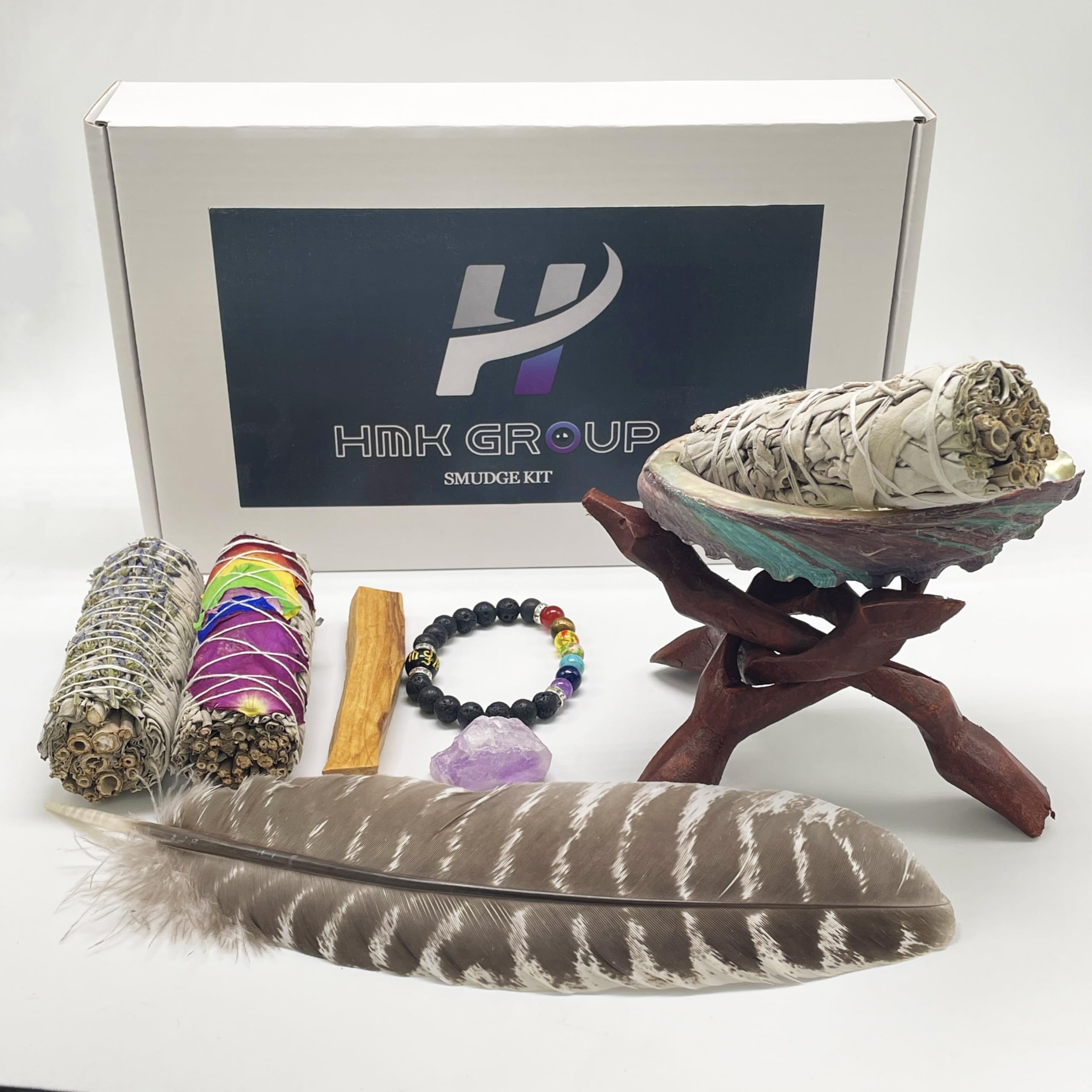 Home Cleansing & Smudging Kit with White Sage, Lavender sage, Flower Sage, Palo Santo, Abalone&Stand, Crystal stone, Bracelet, Smudge Feather & Guide - Smudge Kit Healing Meditation