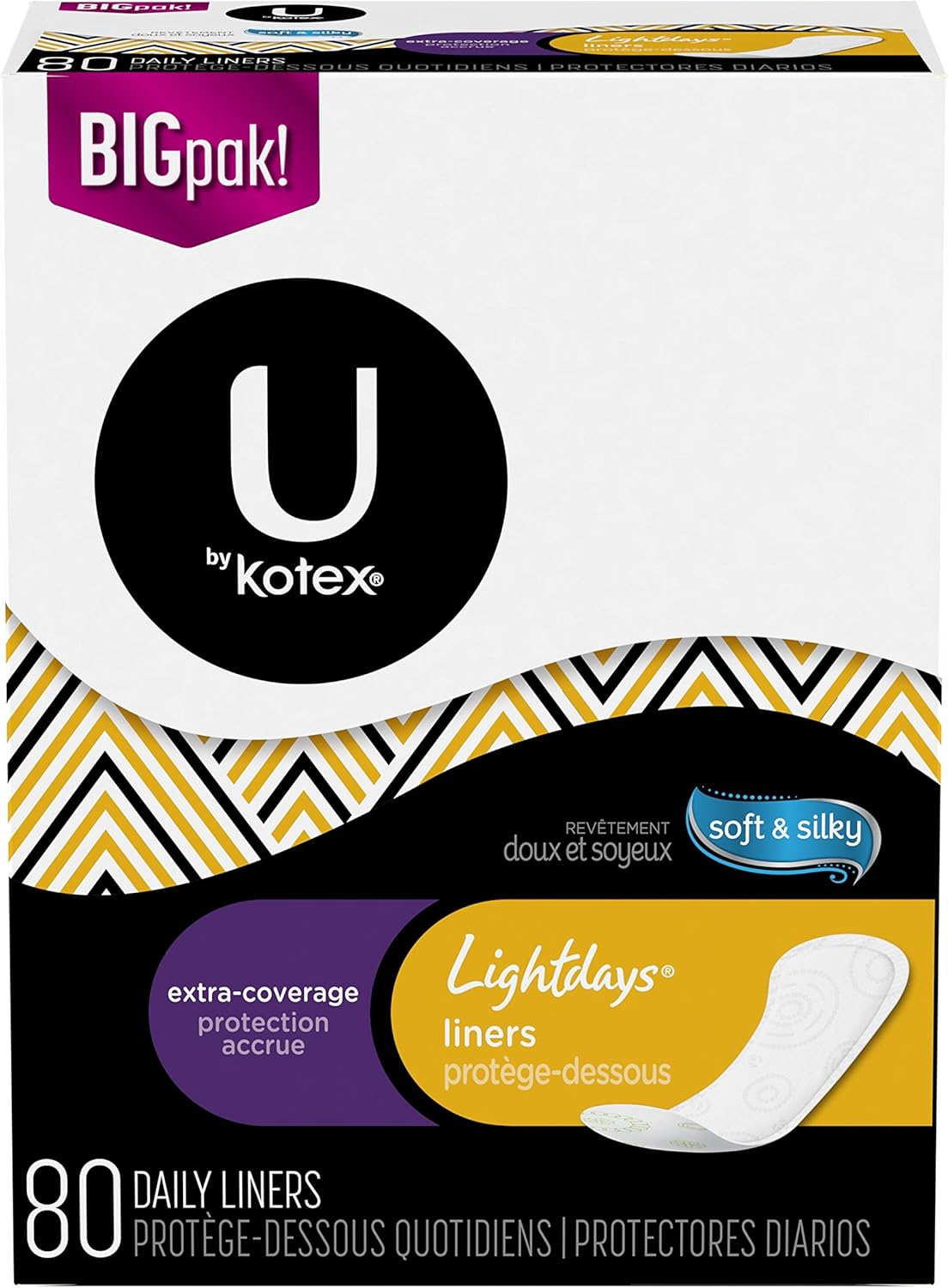 U by Kotex Lightdays Liners, Extra Coverage, Unscented, 80 Count (Pack