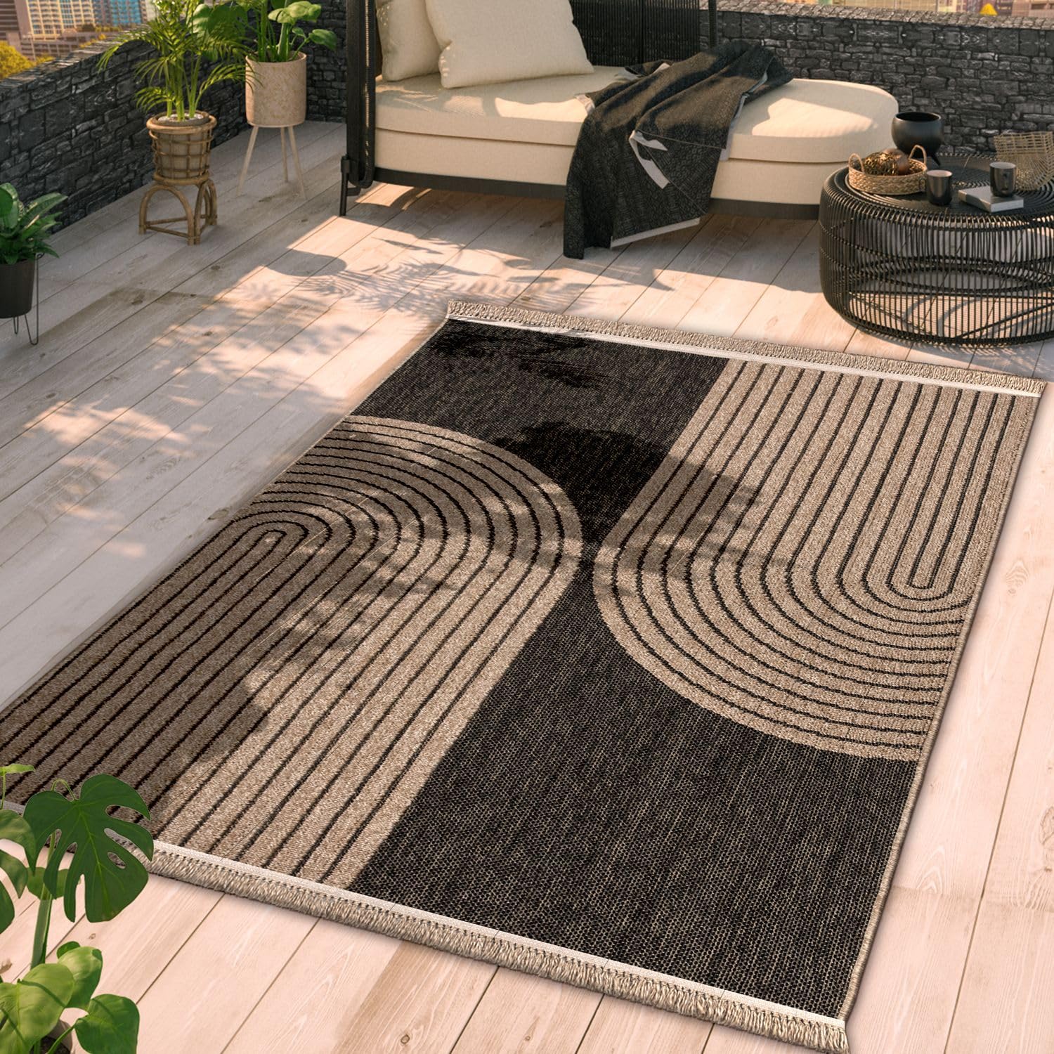 Paco Home in- & Outdoor Rug Natural Look with Modern Curved Lines in Beige Black, Size: 7'10" x 11'2"
