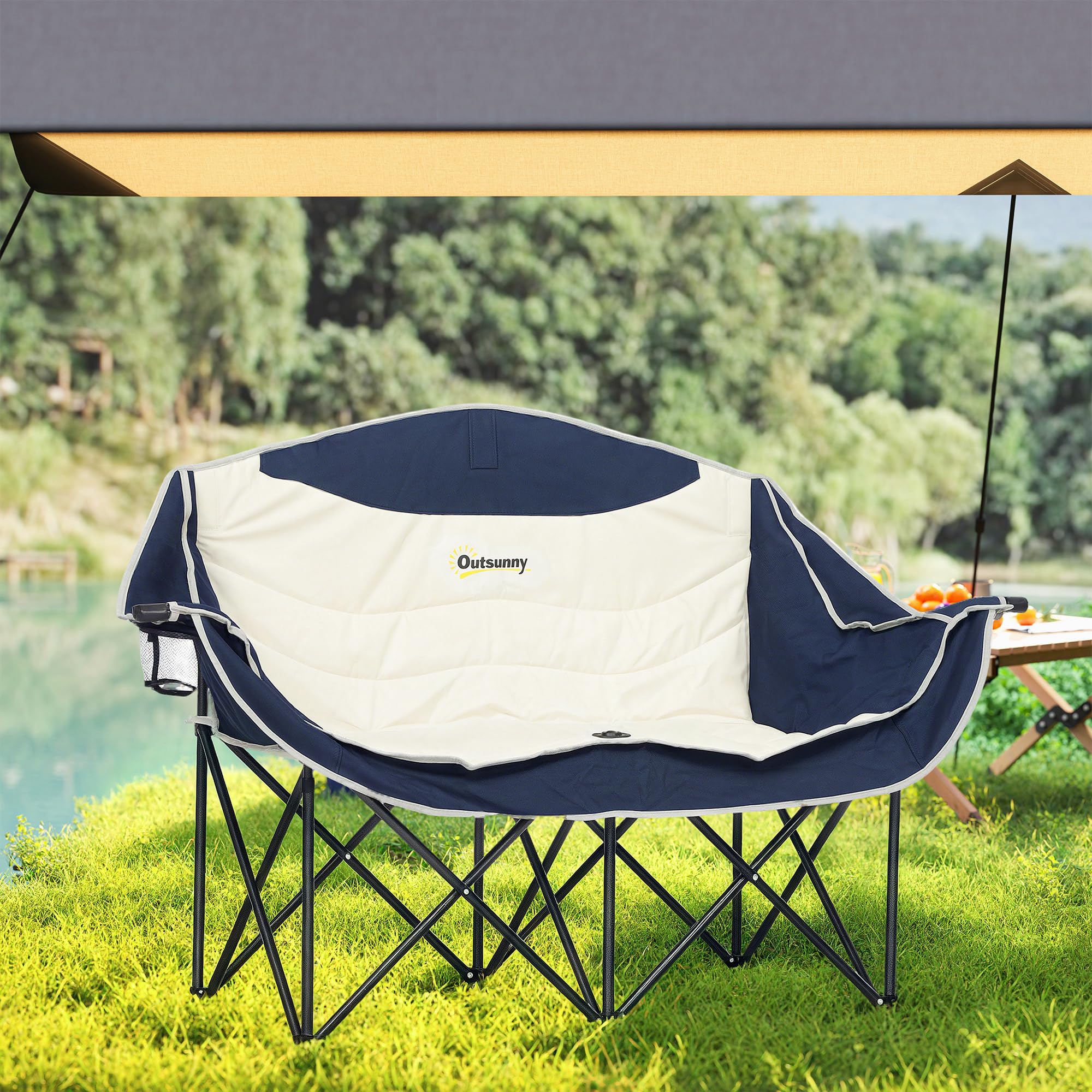 Outsunny Chaise Camping Double avec Porte-gobelet Sac 551 LB Bleu Marine | Porte-gobelet, porte-verre à vin, sac de transport, causeuse pliante, randonnée, pique-nique, plage