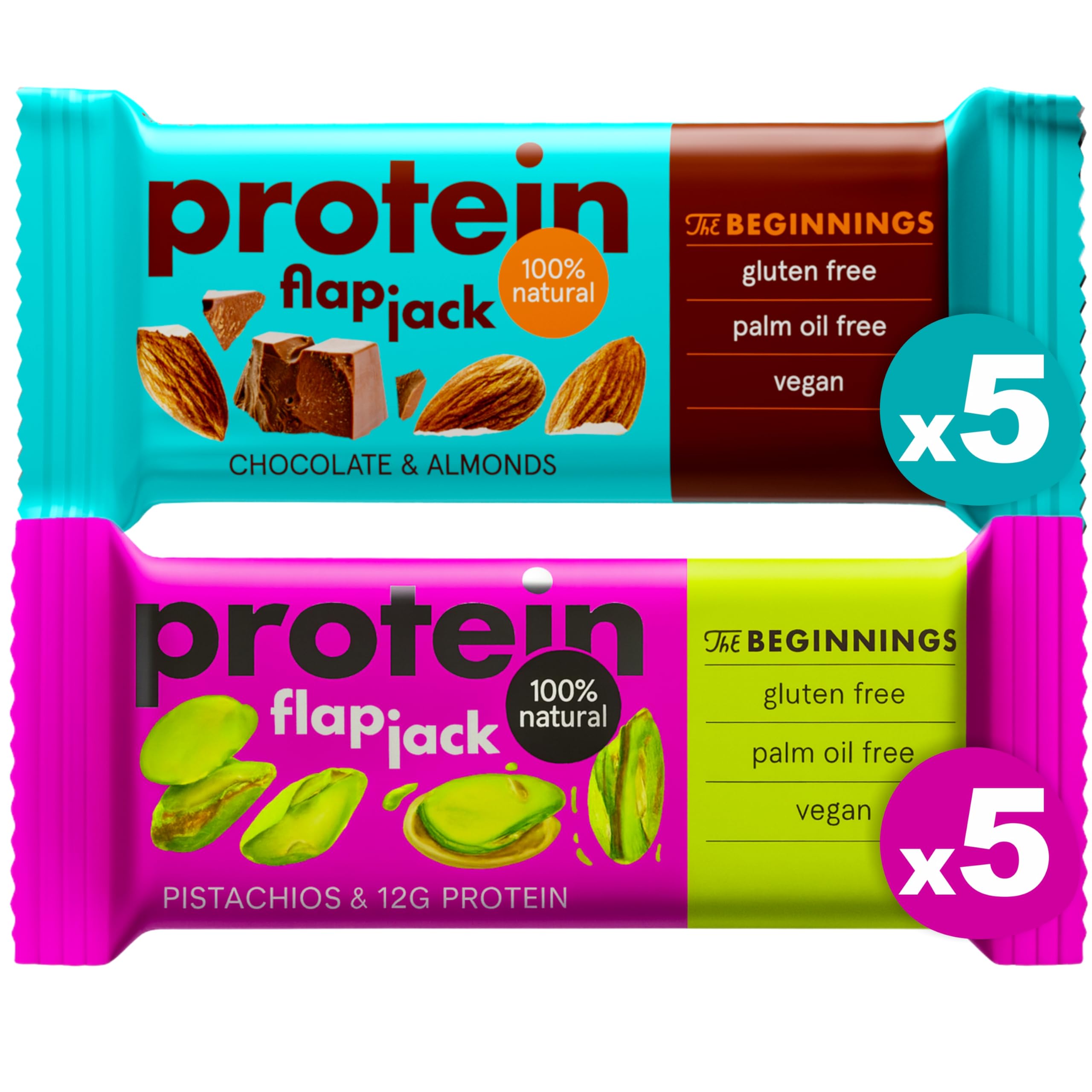 The BEGINNINGS Protein Flapjack Mixbox – 2 smaki x 5 batonów, 10 x 60 g (600 g) bezglutenowy, wegański baton musli proteinowy owsiany