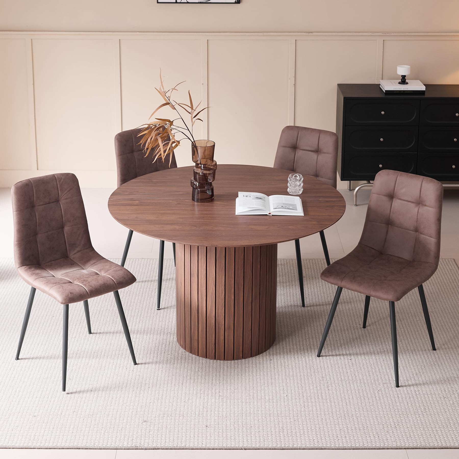 GrandCA HOME Runder Esstisch, moderner Küchentisch 120cm, Esszimmertisch mit rundem Holzsockel, große MDF-Arbeitsfläche für 4-6 Personen, Dunkelbraun