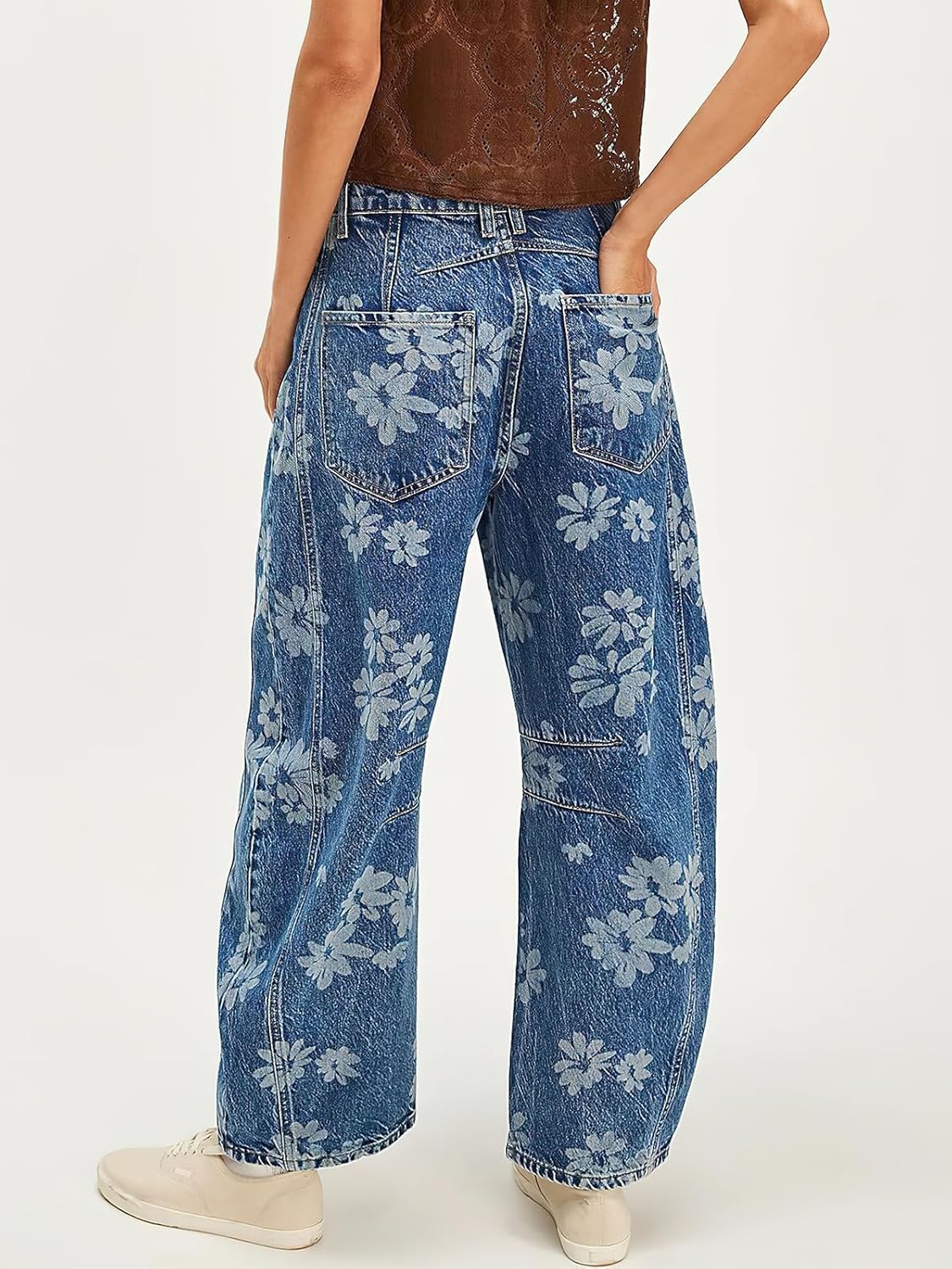 ebossy Women's Retro Floral Print Barrel Jeans Mid Rise Wide Leg Baggy Boyfriend Horseshoe Denim Pants - Image 2