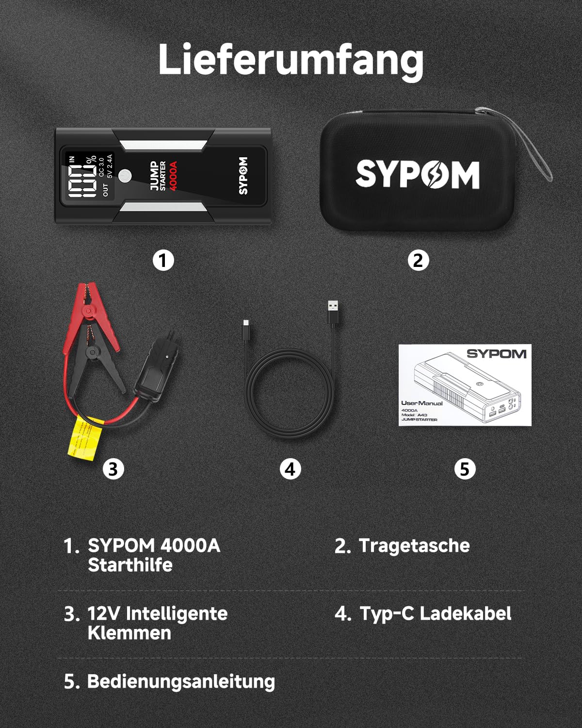 Tragbare Starthilfe, 4000 A Spitzenstrom Autobatterie Ladegerät, 12 V Startbox für LKW bis zu 10 L Diesel, Motorrad, Dual USB, LED-Licht, Großartiger Batterie-Jumper für Notfall-Kit für Auto
