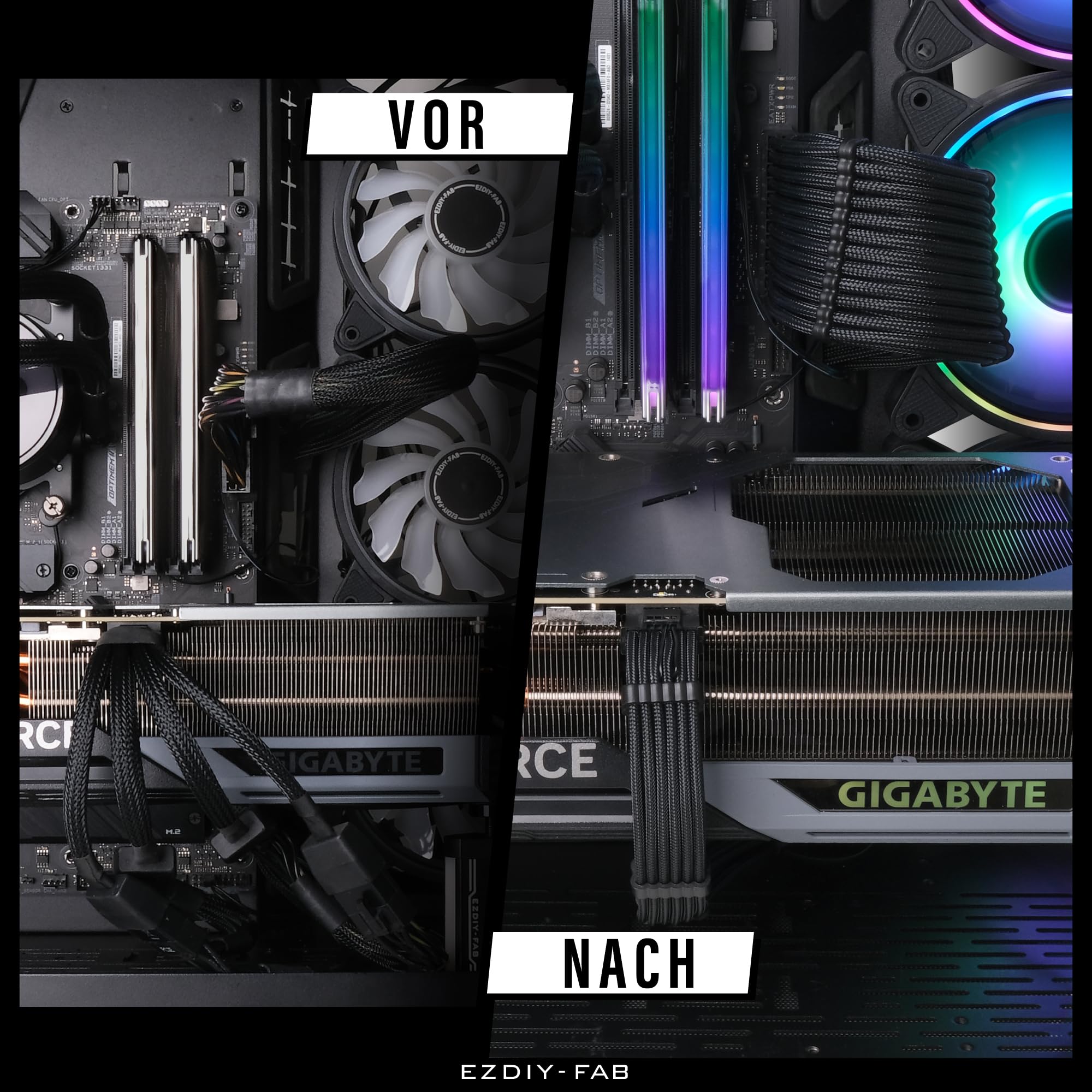 EZDIY-FAB Kit de câble gainé PCIE 5.0 12VHPWR,Extension de câble d'alimentation 16AWG,PC PSU Sleeved Cable,24PIN-ATX/(4+4) PIN-EPS/(12+4) PIN to 4X 8PIN PCIE-RTX4090/4080/4070Ti Câble d'extension-Noir