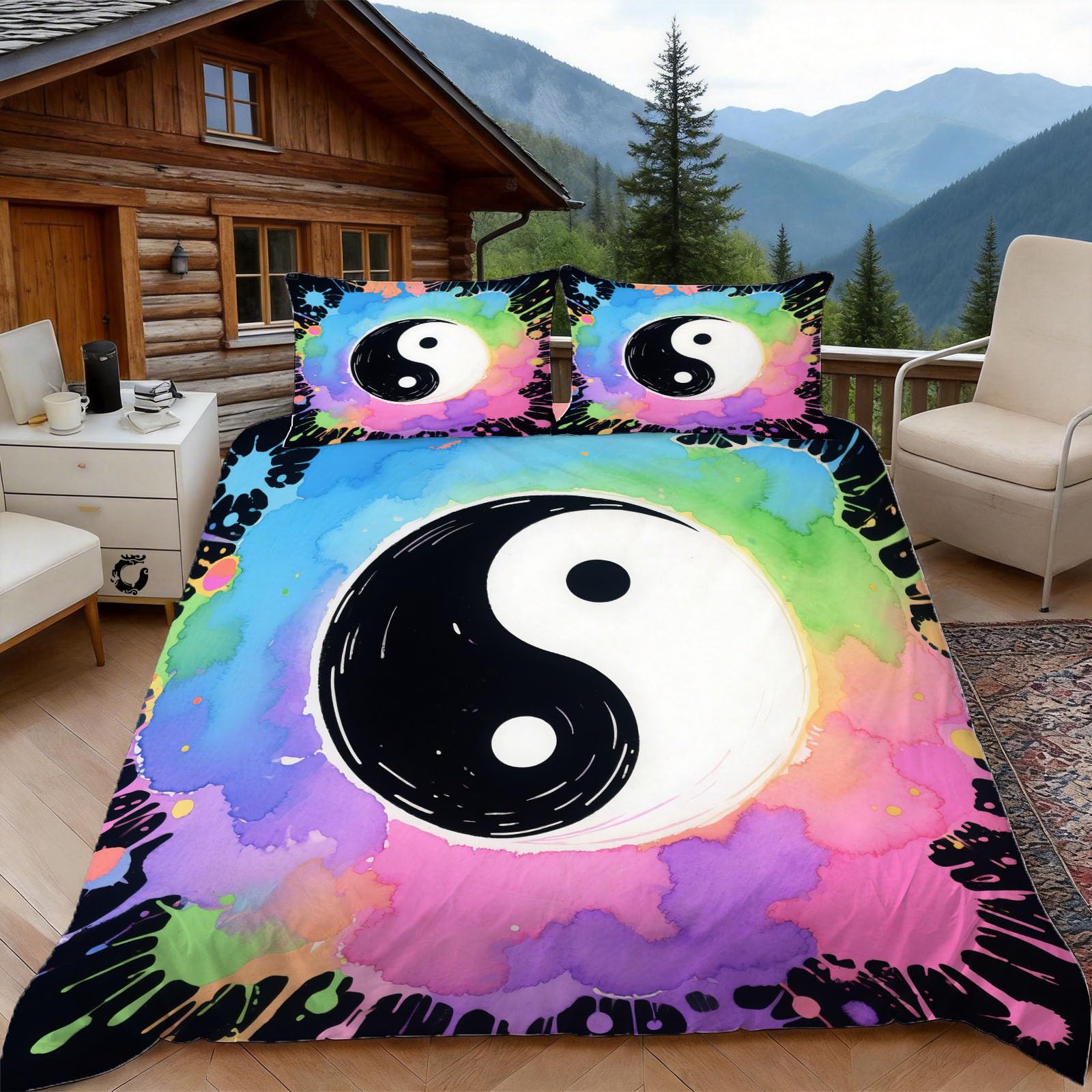 3D Double Duvet Set 3D Printed Yin Yang Symbol Bedding, Cartoon Soft Microfibre Duvet Cover Sets Quilt Cover and Pillow Set with Zipper 3 Pcs