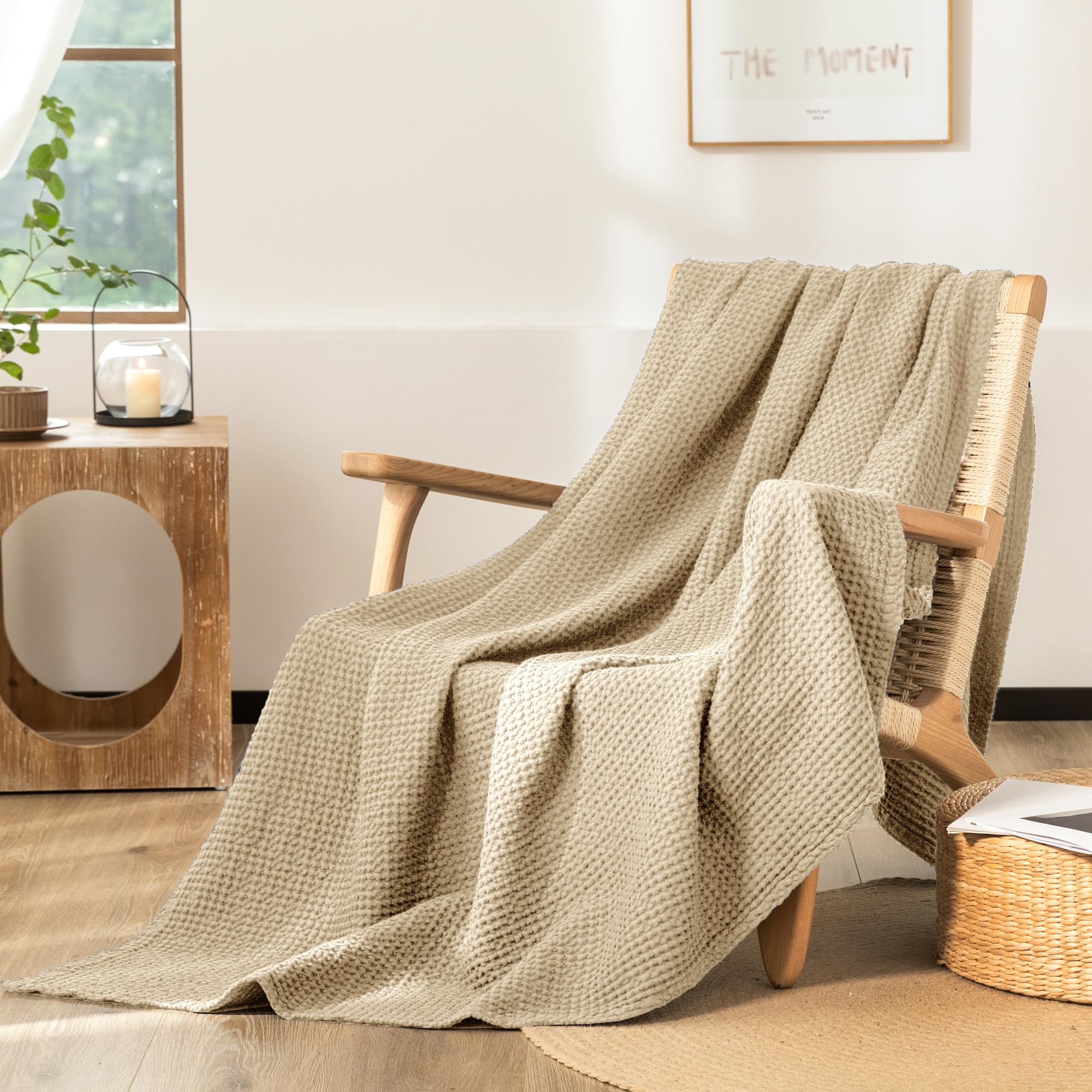 CHUFFED Manta 100% algodón 220 x 240 cm, suave y transpirable, manta ligera como manta de sofá, manta suave y acogedora para salón, sofá o sofá beige