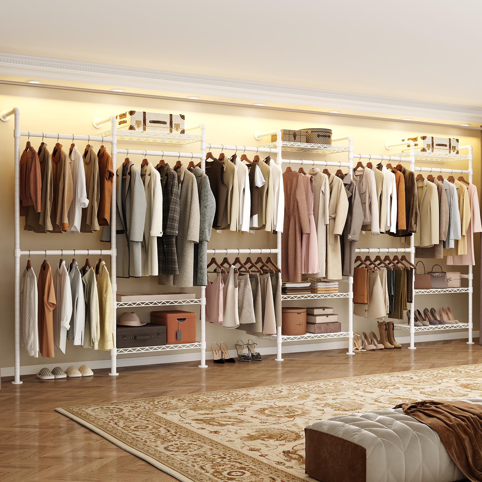 Wall Mounted Garment Rack, Industrial Pipe Clothing Rack, Corner Closet System with 6 Expandable Rods, Walk in Closet Shelving, Clothes Organizers and