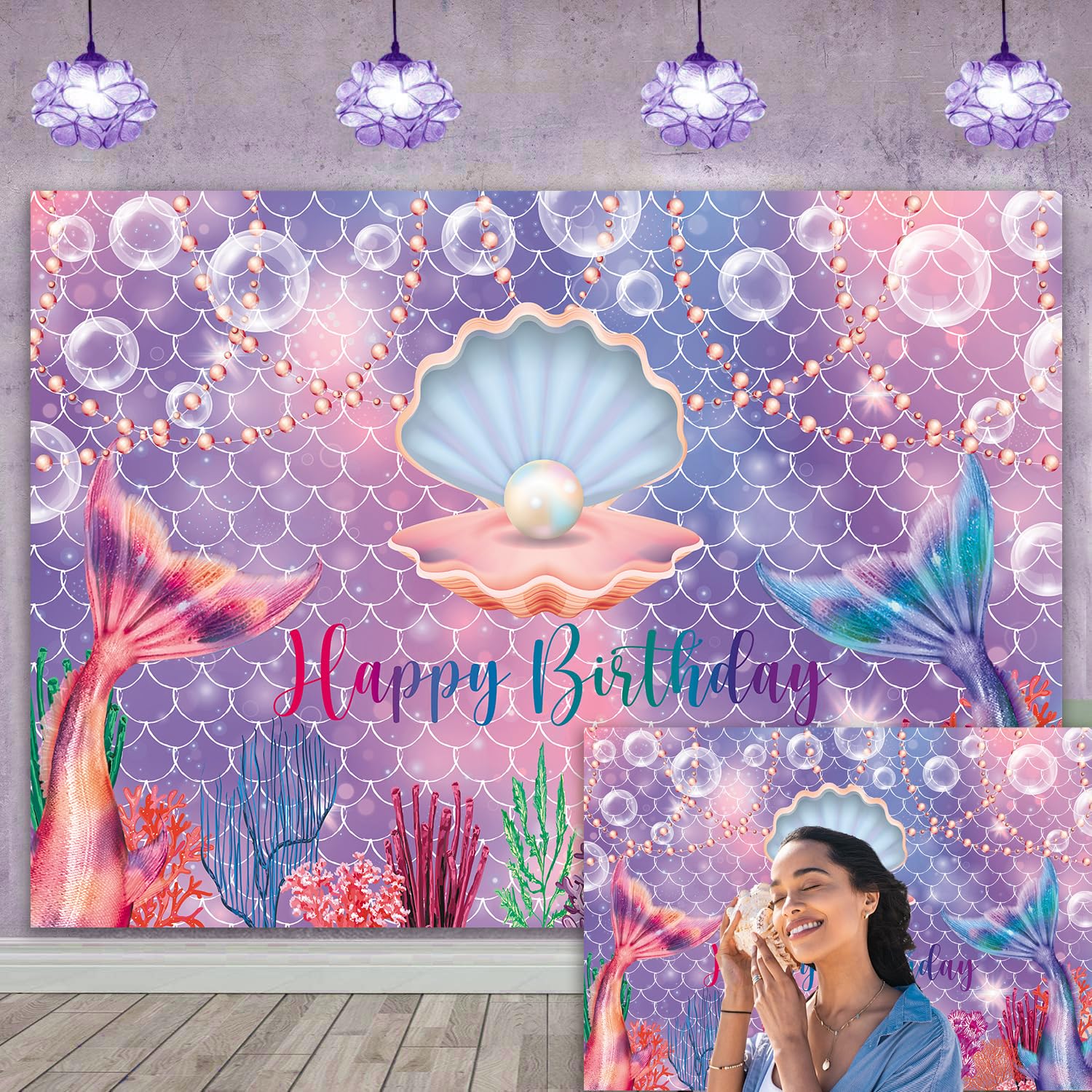 8x6ft Pink Purple Mermaid Scales Backdrop Under The Sea Glitter Pearl Shell Background Girl 1st Birthday Baby Shower Photo Photography Backgrounds
