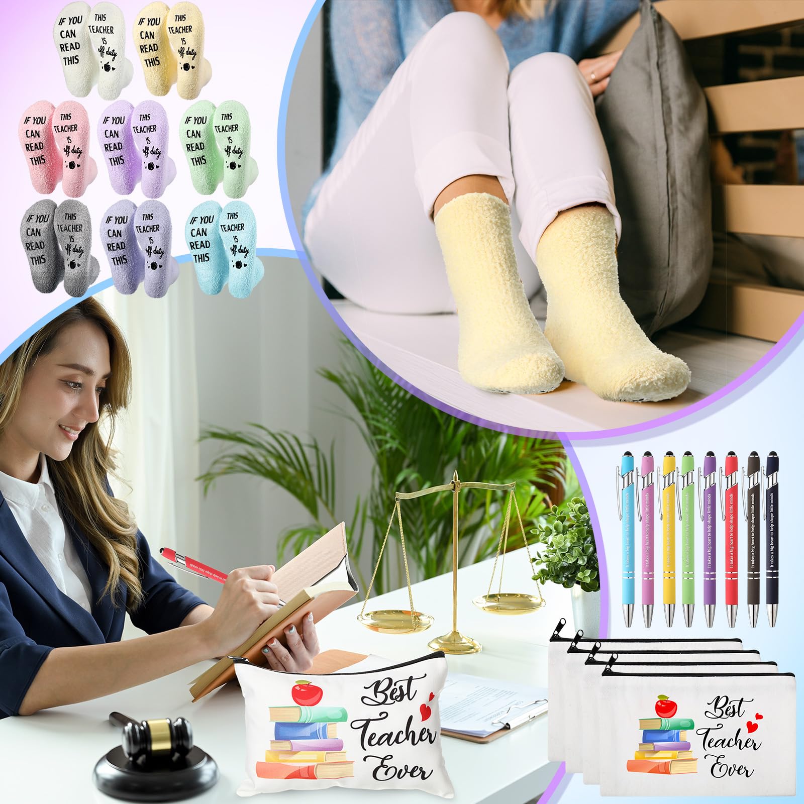Fulmoon 40 Pcs Teacher Appreciation Gift Set from Students, Novelty Casual Socks Makeup Bag Keychain Mini Notebooks Ballpoint