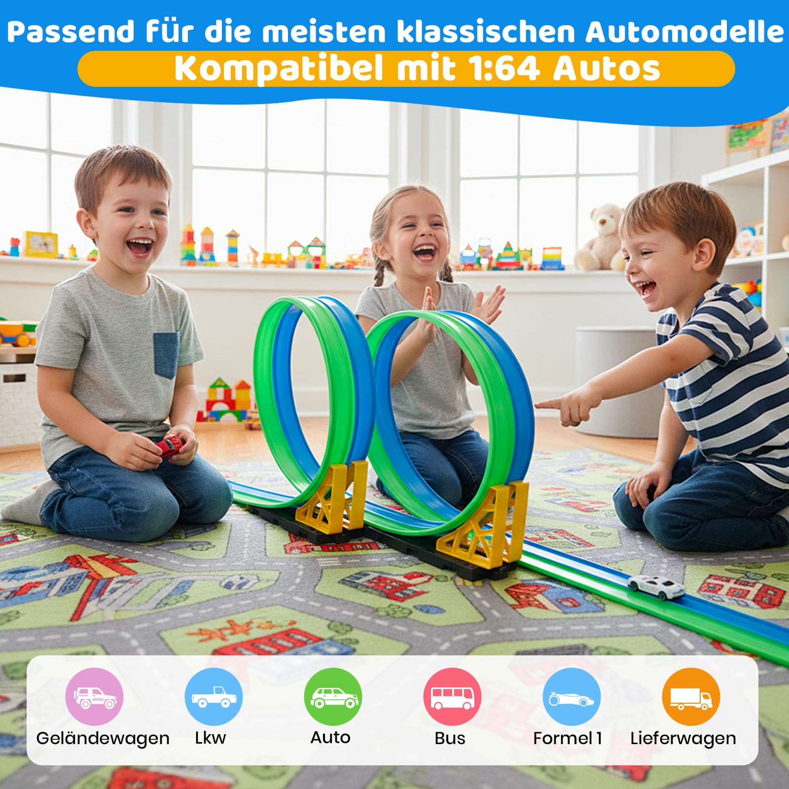 Flexible Autorennbahnen Kinder, 4.5M Rennbahn Inklusive 4 Autos, Tragbare Dual-Rennstrecke mit Rampen für 1:64 Autos, Spielzeug Geschenk für Kinder ab 3+ Jahren, Blau-Grün