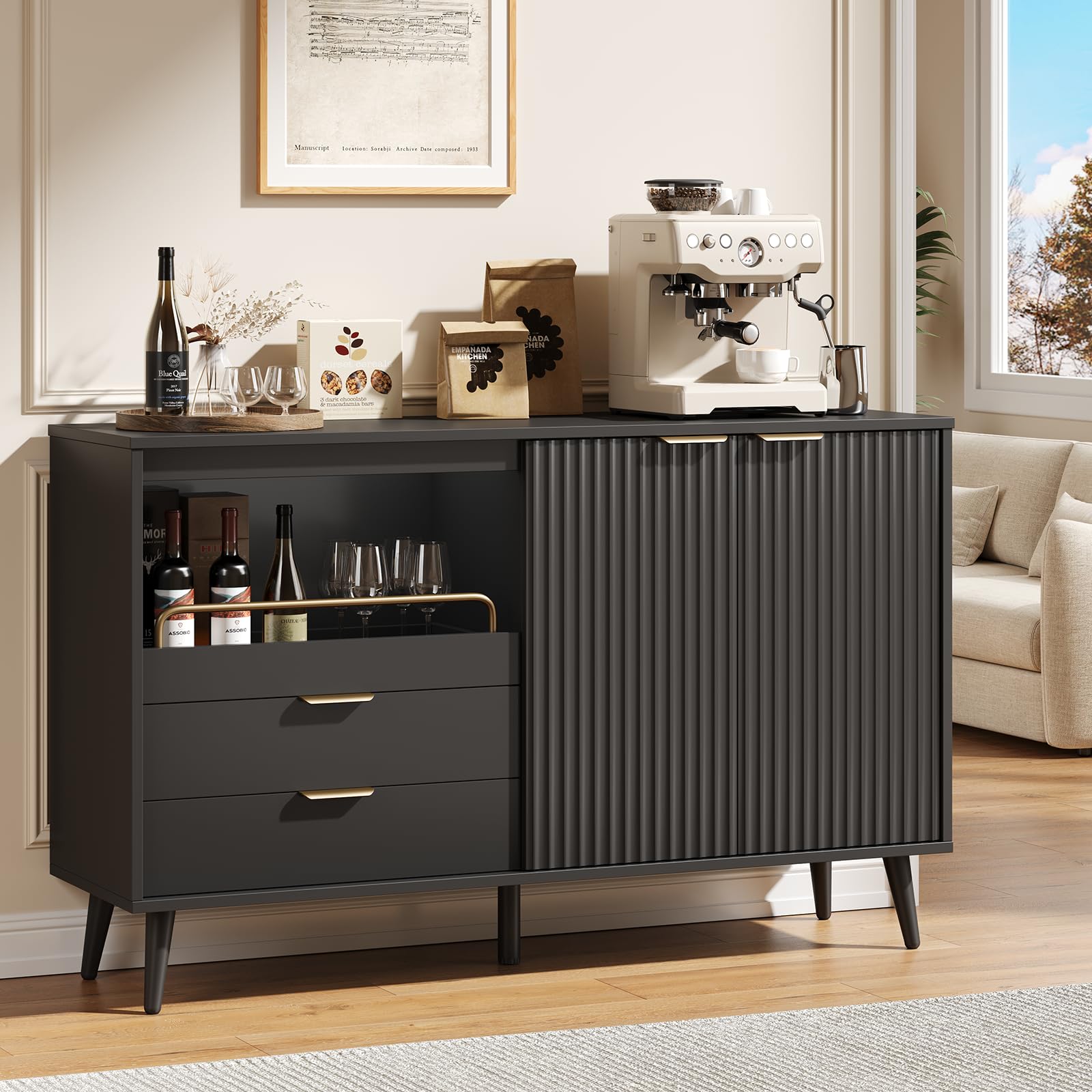 ONBRILL 55 Inch Coffee Bar Cabinet with Drawers, Modern Liquor Cabinet