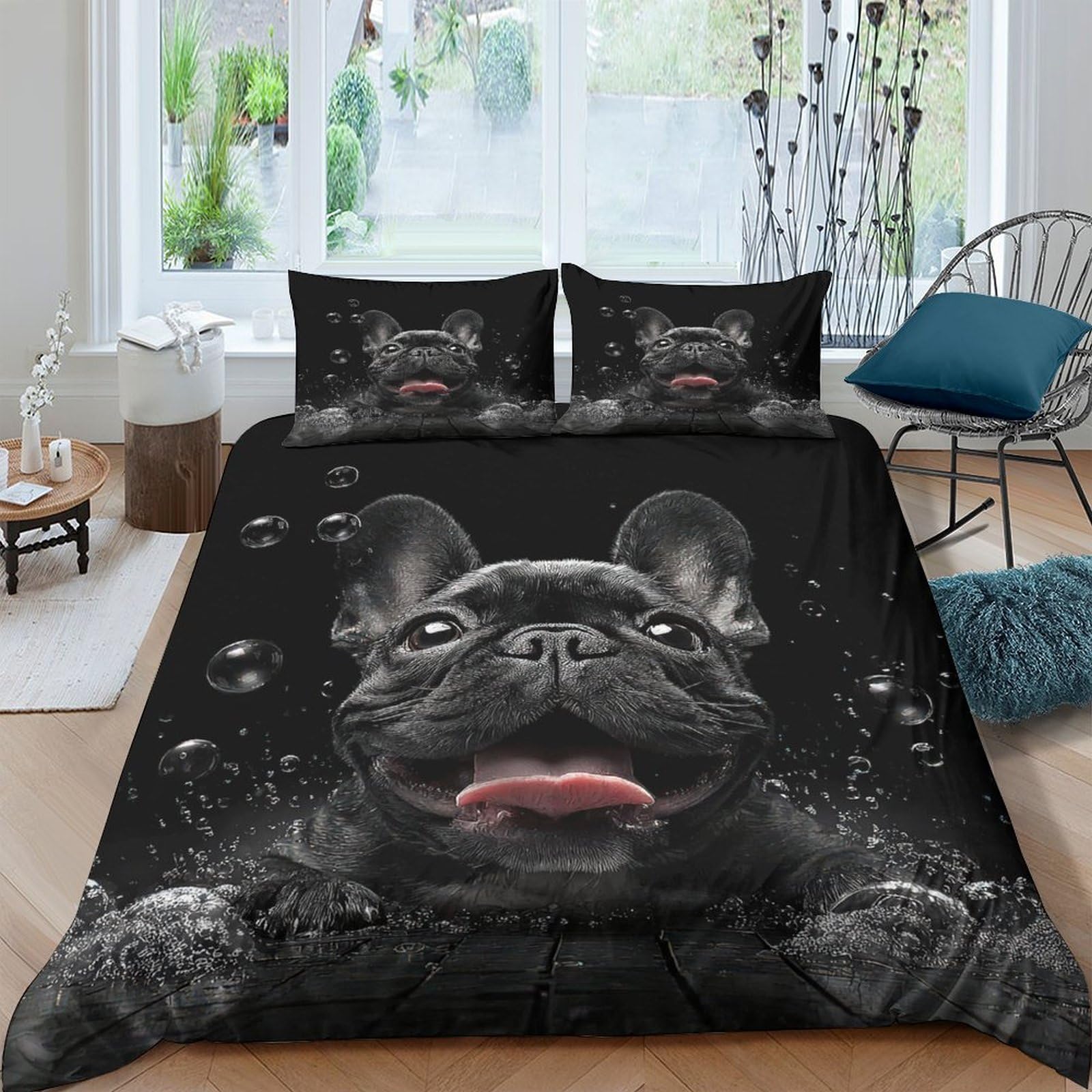 Ctjqhvkz Style-6 3D Printed Black French Bulldog Fitted Sheet Microfiber Soft Mattress Cover For Bedroom Guestroom Decor, Anti-Slip Washable Single（135X200cm）