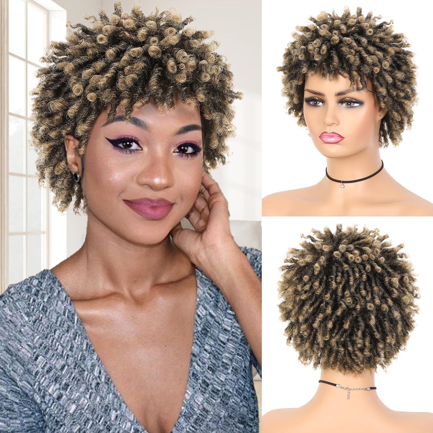 Photo 1 of Nuxovin African Women's Explosive Curly Human Hair Wigs Gradient Brown Natural Fluffy Texture Braided Dreadlock Style with Breathable Cap Heat Resistant Tangle-Free Design