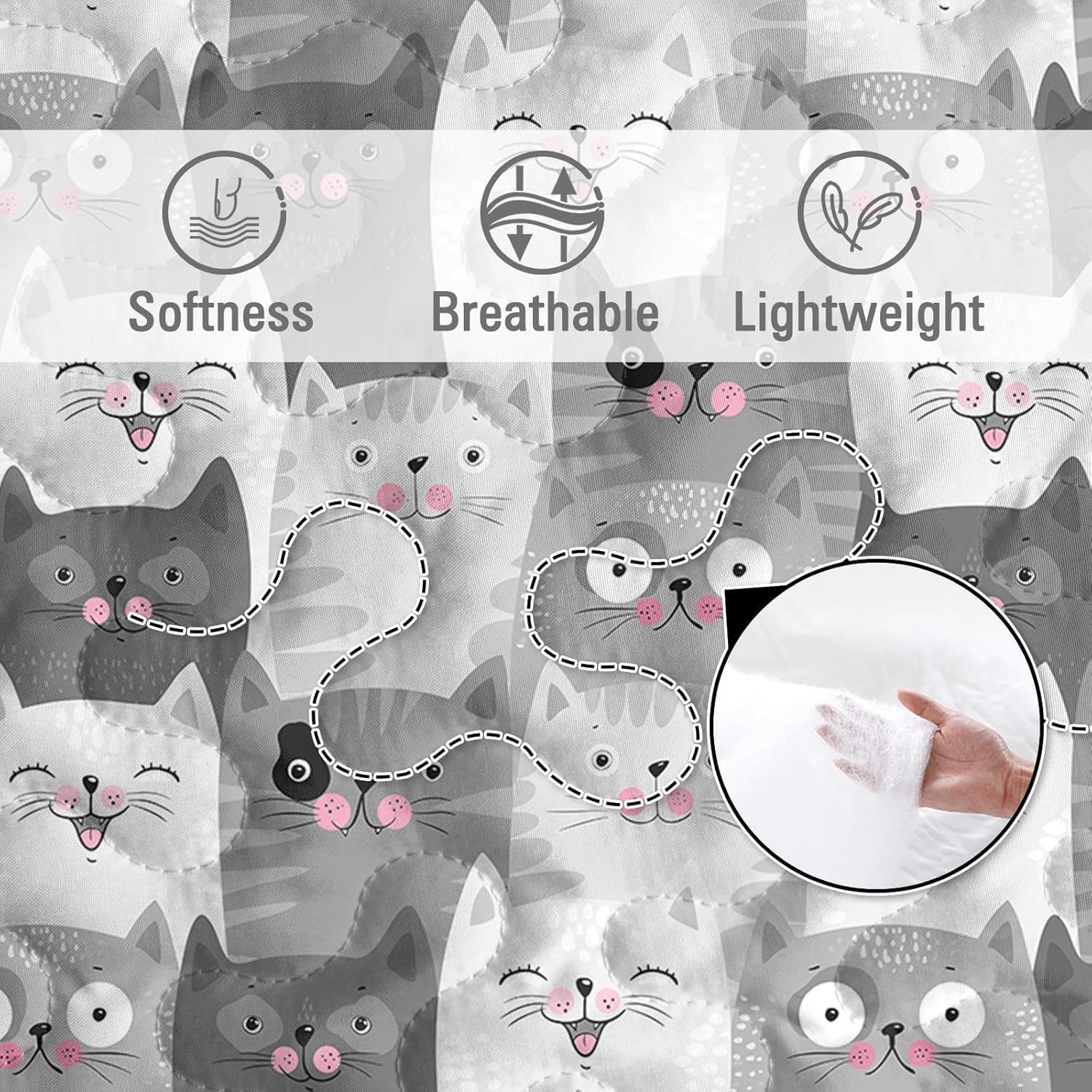 BlessLiving Grey Cat Quilt Set King(108"x96"), 3 Pieces Lightweight Cartoon Kitten Pattern Quilt Bedspread, 3D Kawaii Cats Bedspread Comforter All-Season for Women Girls Kids Cat Lover