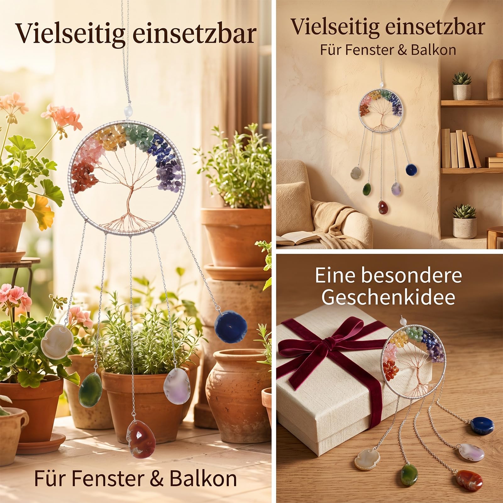 Hoypeyfiy Cristales árbol de la vida atrapasueños, piedra preciosa natural ágata chakra escudo colgante de pared decoración del hogar para meditación yoga arte de pared