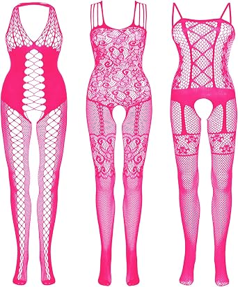 Fengek 3 Packs Women Fishnet Bodysuits, Stockings Sleepwear Lingerie for Couple Dating Nightwear