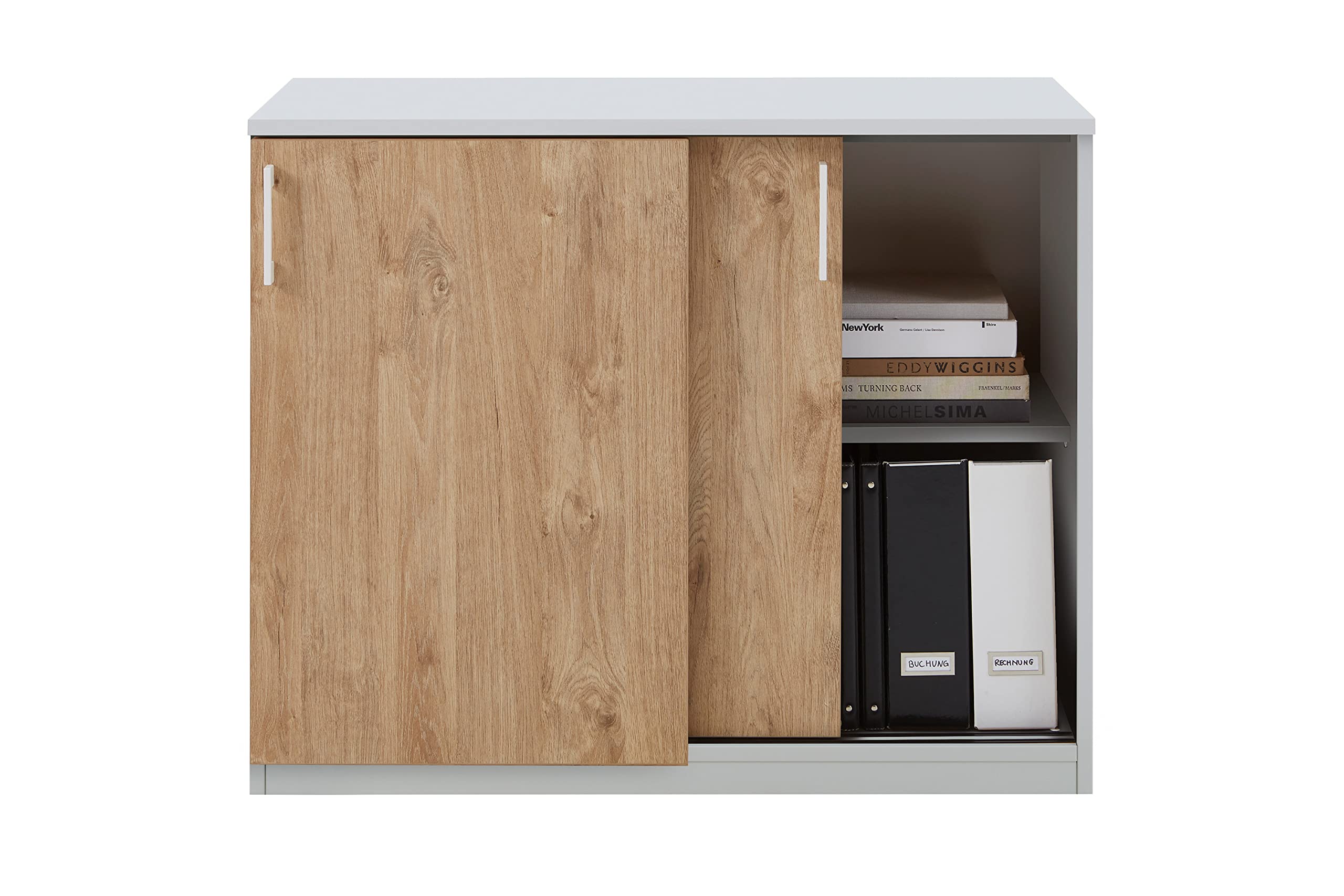boho office® be.smart - Schiebetürenschrank mit 2 Türen und höhenverstellbaren Einlegeböden in weiß mit Front in Eiche und weißen Griffen