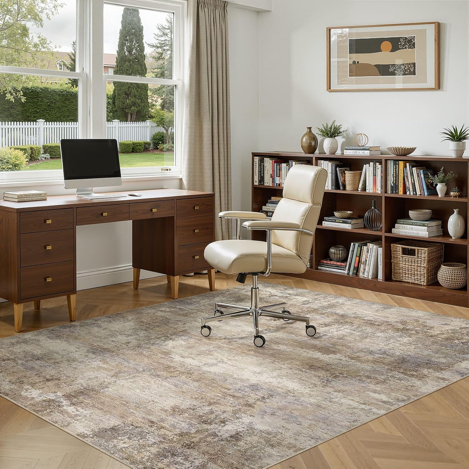 5x7 Washable Area Rugs for Living Room, Non Slip Soft Large Rugs for Bedroom Dining Room, Modern Abstract Low Pile Stain Resistant Carpet for Laundry Office Home Decor - Dark Brown