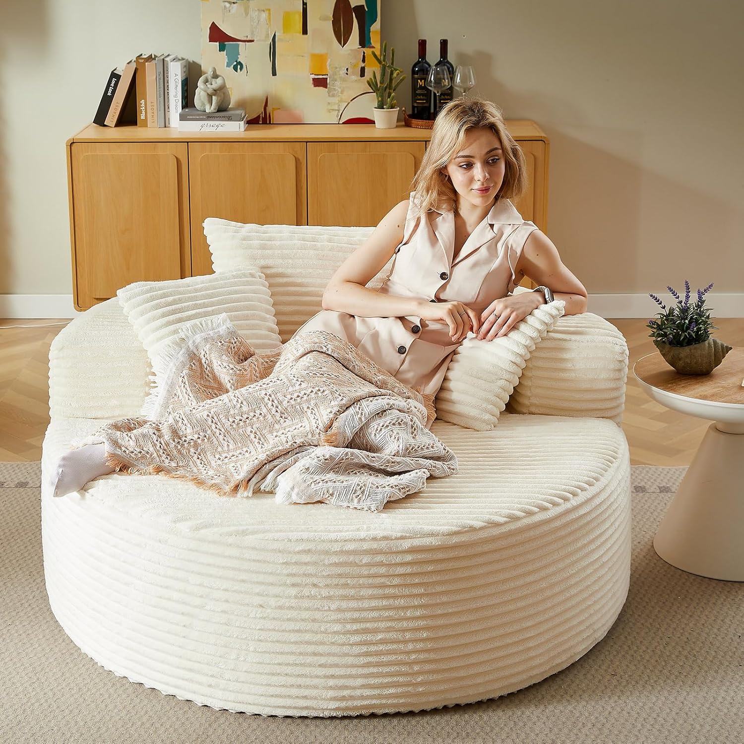 55'' Oversized Round Lounge Chair Indoor, Corduroy Upholstered Large Lounge Chaise, Cloud Soft Circle Sofa Bed for Reading,Living Room,Bedroom,No Assembly Required,Beige