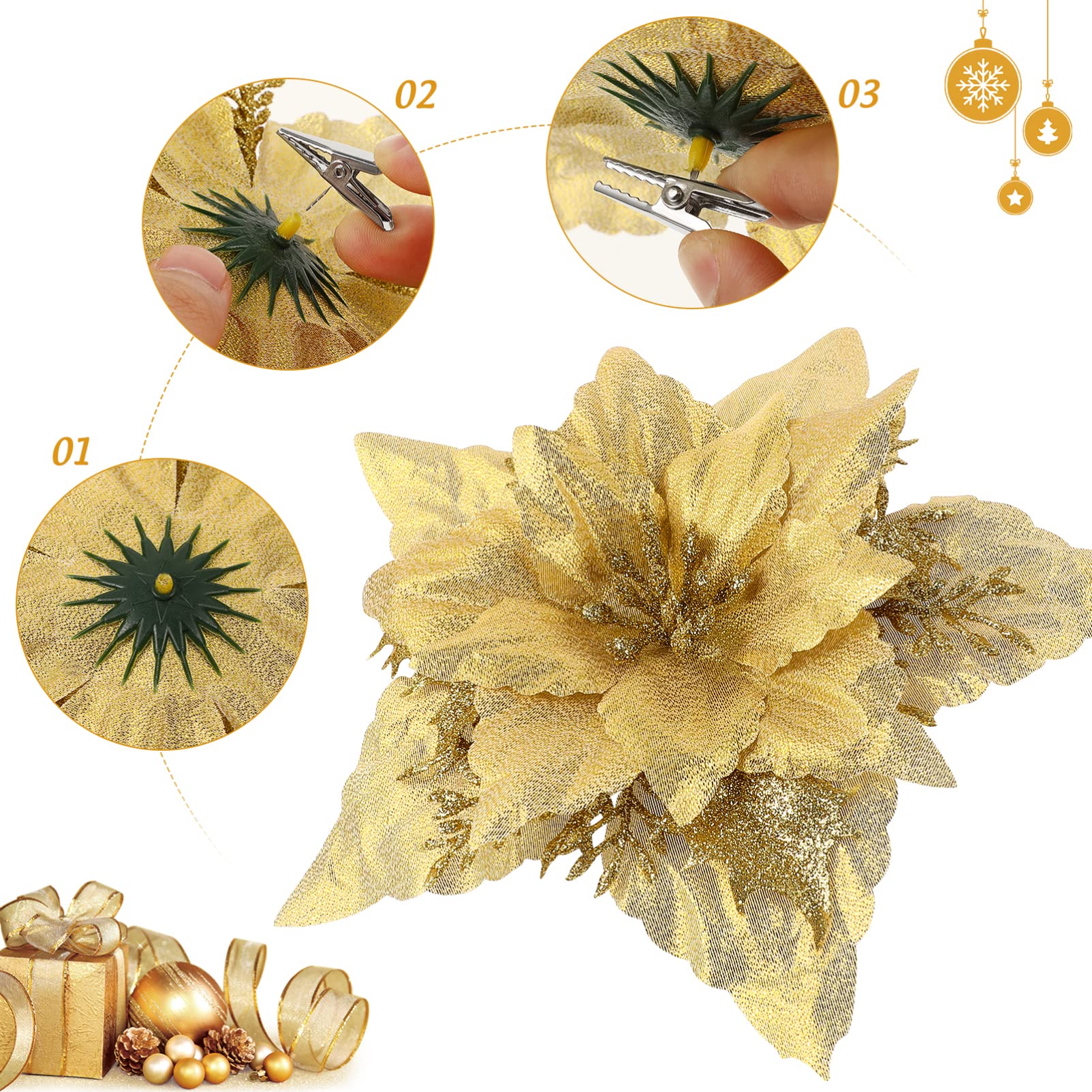 jojofuny 12pcs Christmas Flower Clip Artificial Flowers Clips and Stems for Christmas Tree Decorations for Decor and Wedding Year Celebrations - Image 4