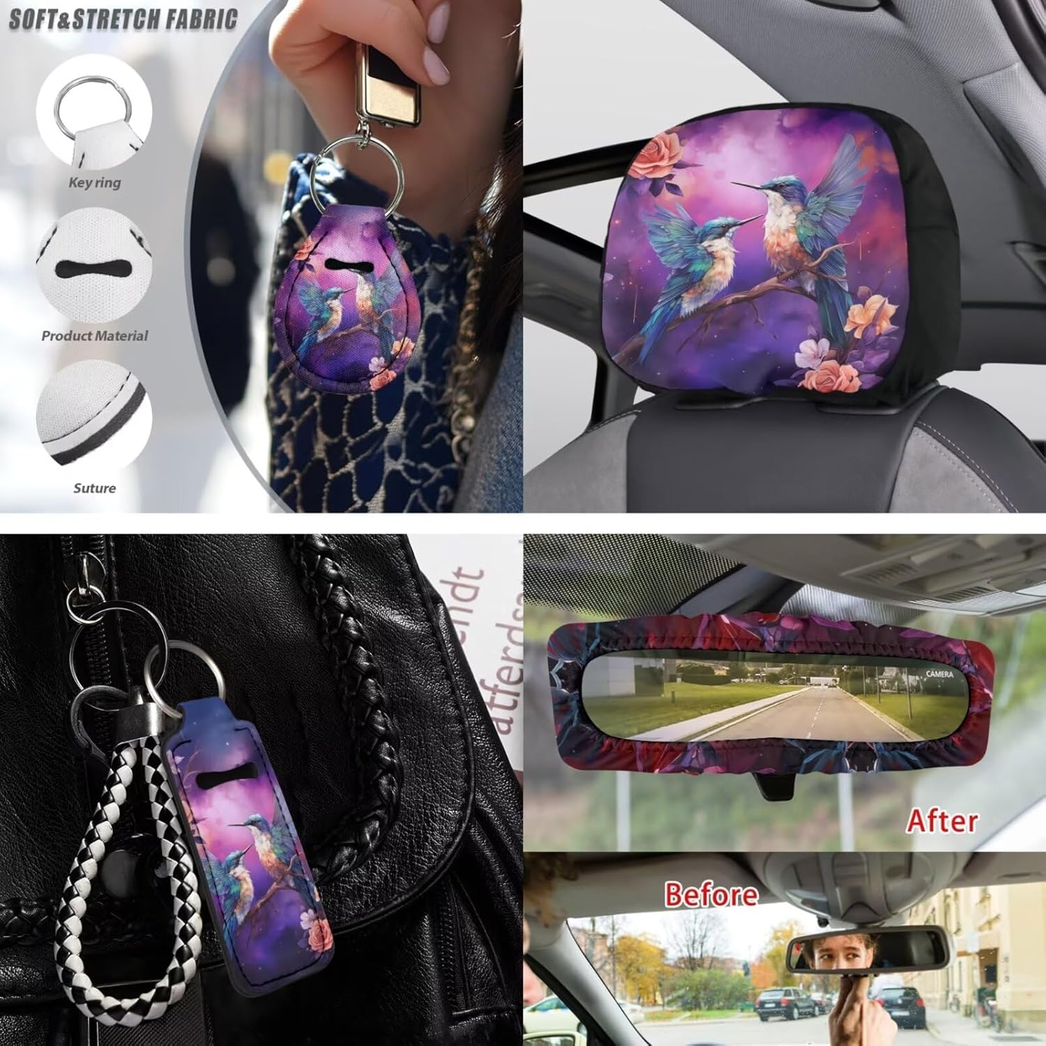 Hummingbird Rose Printed Auto Seat Protectors 15 Pieces Car Front Rear Seat Covers with Steering Wheel Cover Seat Belt Cover Car Inside Rearview Mirror Cover for Women Men Post Gym