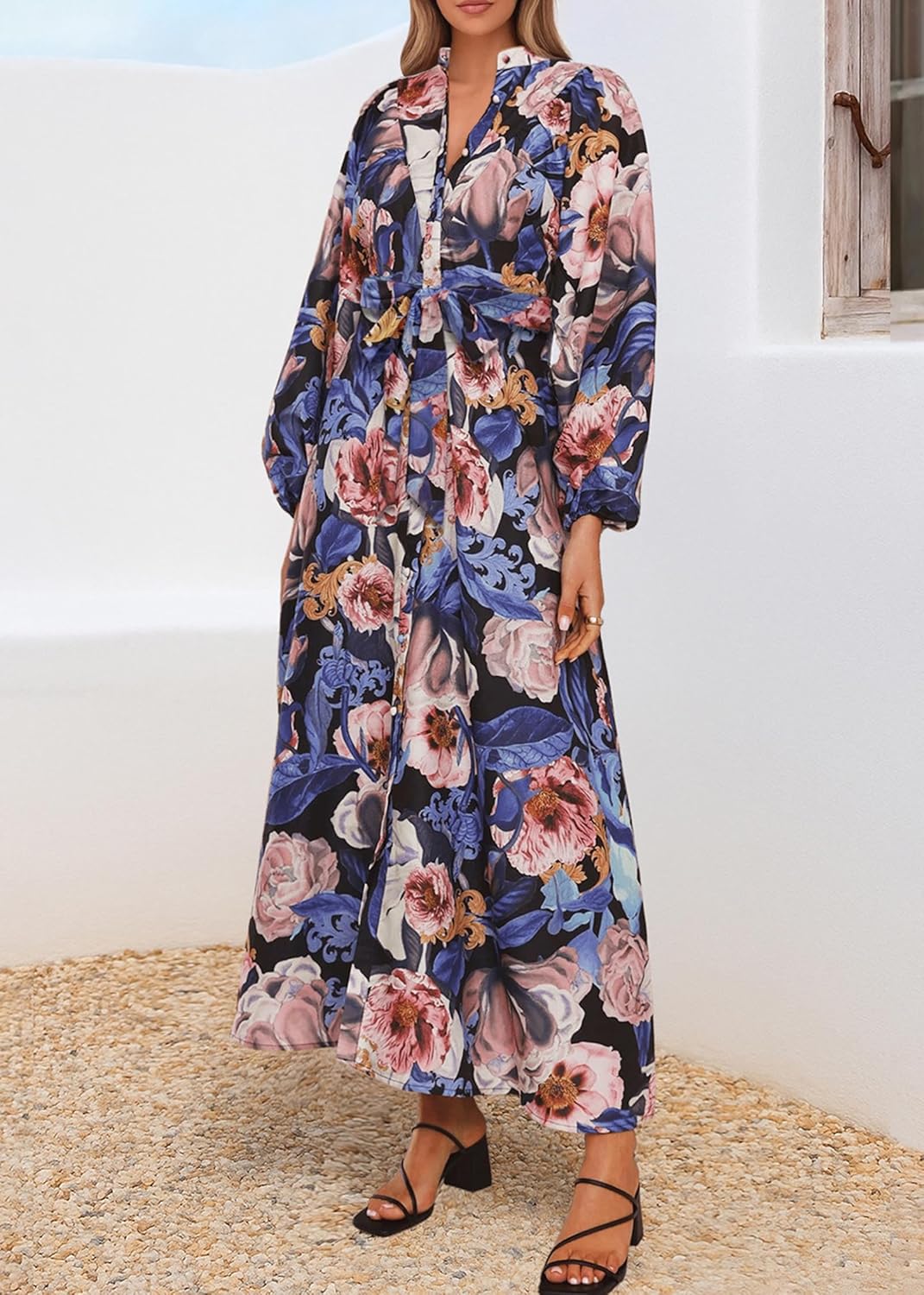 Lazysmile Maxi Dresses for Women 2025 Casual Long Sleeve Button Down Belted Boho Floral Shirt Dress with Pockets - Image 5