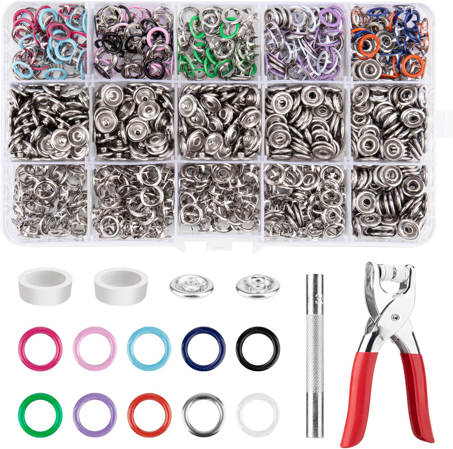 Clatoon 200 Sets Metal Snaps Buttons with Fastener Pliers Press Tool Kit for DIY Crafts Clothes Hats and Sewing (10 Colors,9.5mm)