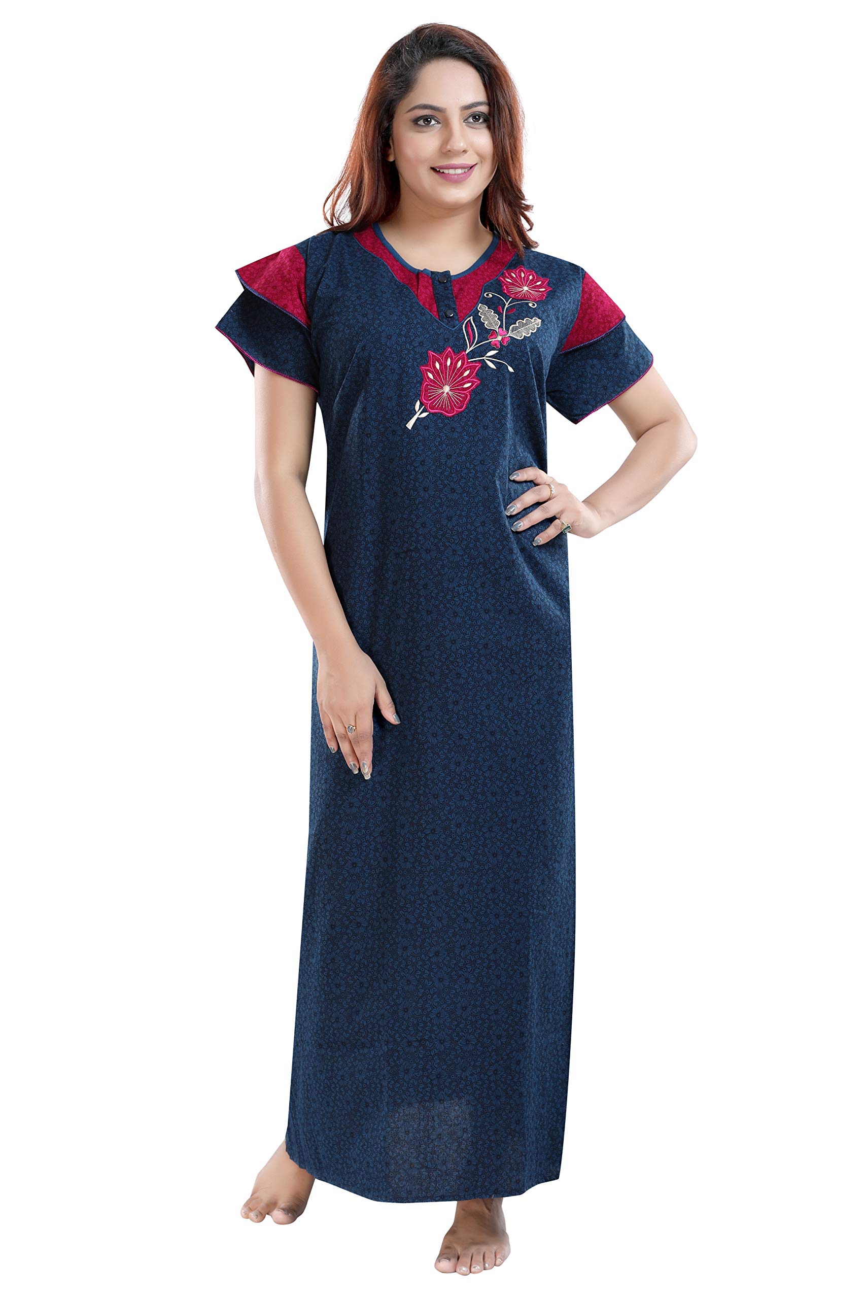 ZairraWomen's Cotton Embroidery Floor Length Night Gown