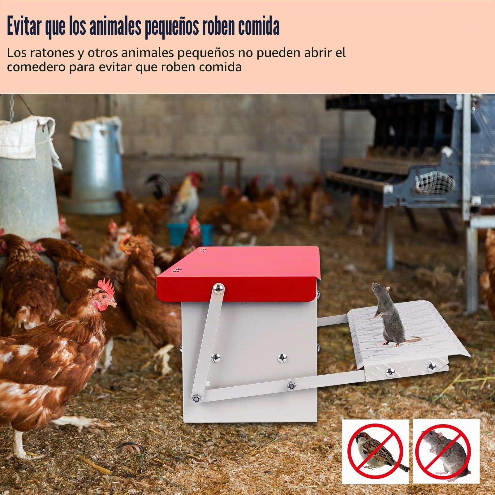 Comedero Automático para Gallinas, 7 Kg Metal con Pala de Acero Inoxidable, Comedero de Patos Para Exteriores, Sin Desperdicios con Tapa Resistente a la Intemperie para 6-12 Gallinas