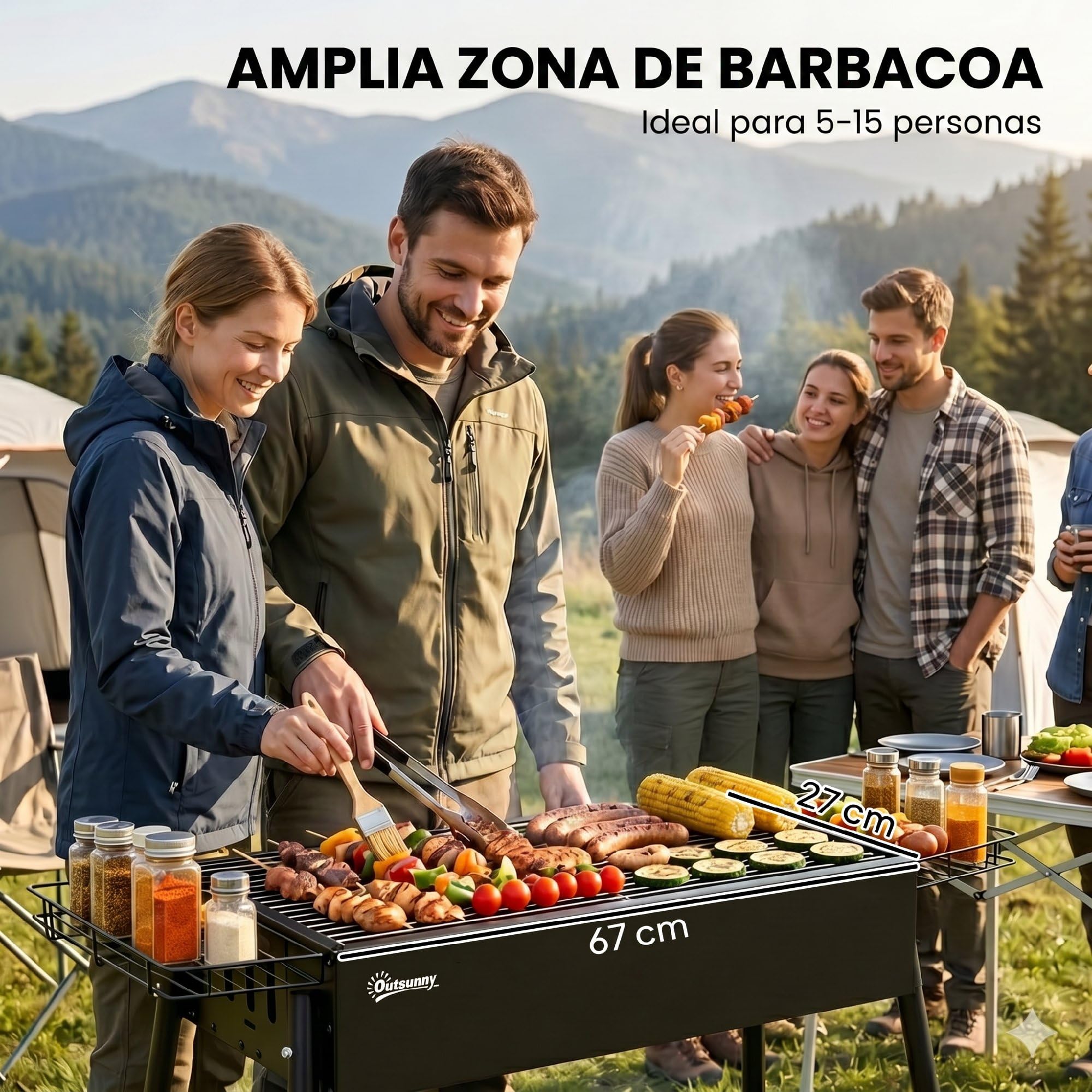 Outsunny Barbacoa de Carbón con 2 Parrillas de Acero Inoxidable Barbacoa Portátil con 2 Especieros para Acampar Picnic Camping Jardín 94x39x70 cm Negro