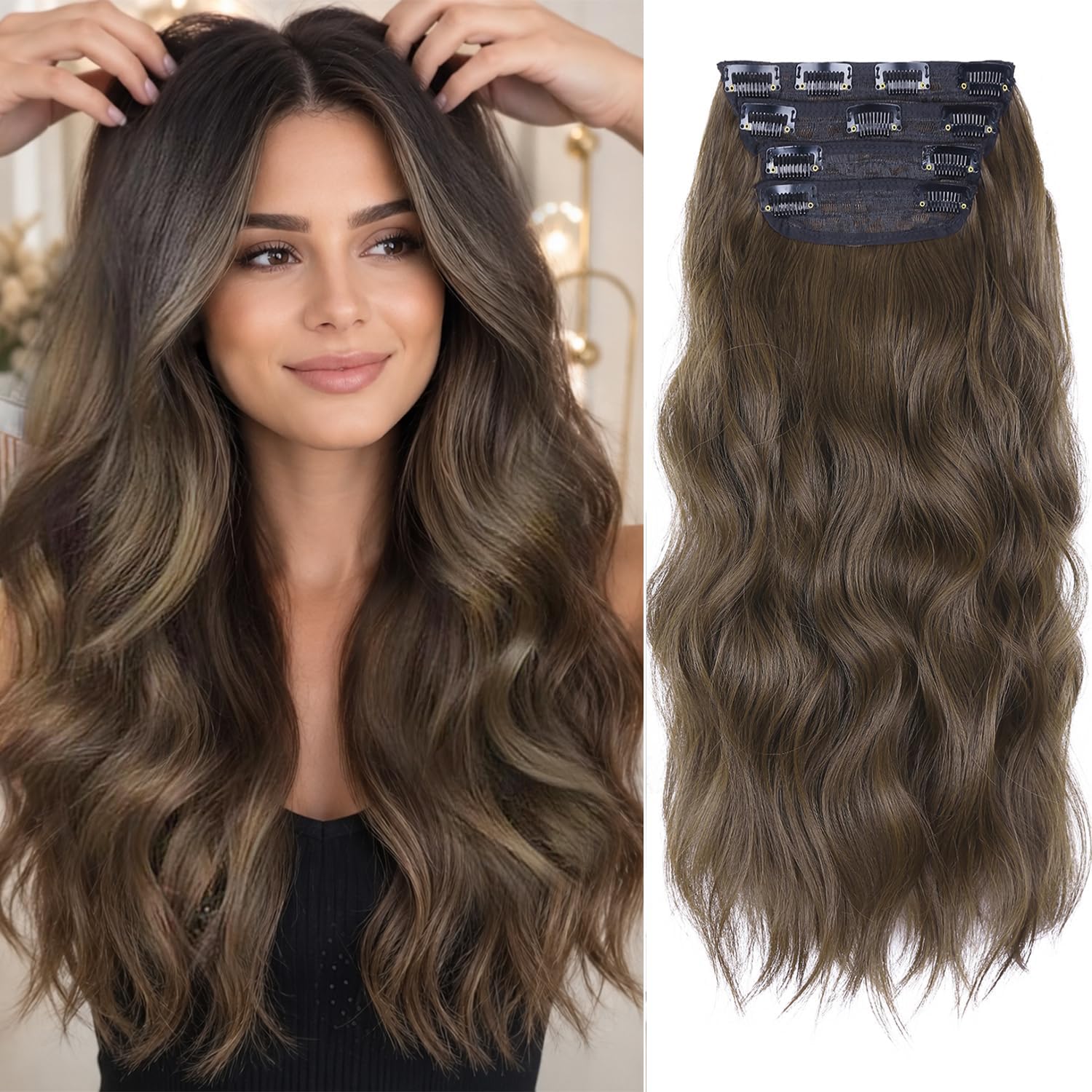 Extension de Cheveux à Clips, Cheveux Naturel Bouclés, Synthétique pour Femmes, Extensions de Cheveux Ondulés (Brun Foncé, 11 Clips)