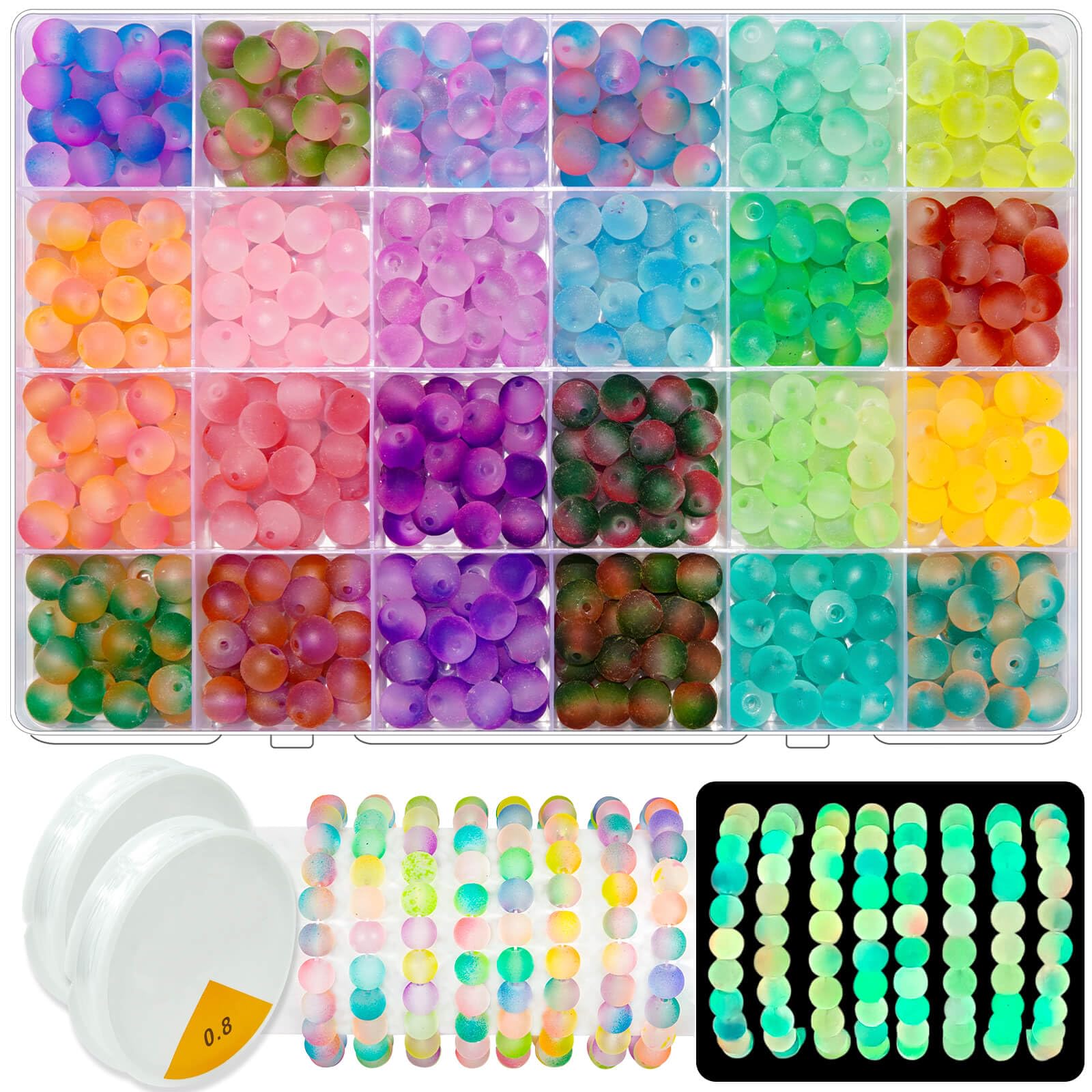 JHYlilia Glow in The Dark Glass Beads for Jewelry Making, 600Pcs 8MM 24 Grids Crystal Gemstone Beads Round Spacer DIY Craft Beads for Bracelet Necklace Earrings Phone Lanyard Wedding Decor