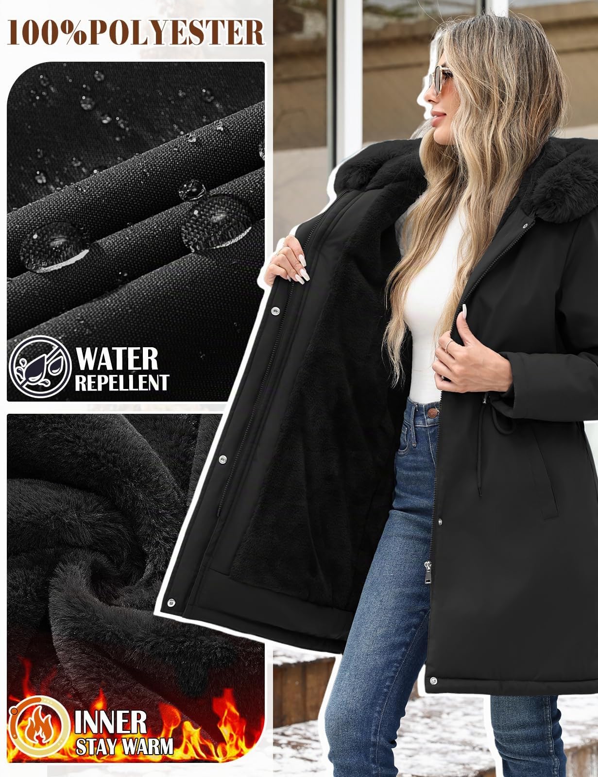 Yuson Girl Manteau Femme Hiver Veste Doublure Polaire Chaude Parka Capuche | Longue Rembourrée Blouson Épais, Coupe-vent d'Extérieur Chic Mi-longue Manteau, Manteaux avec Zippé et Poches