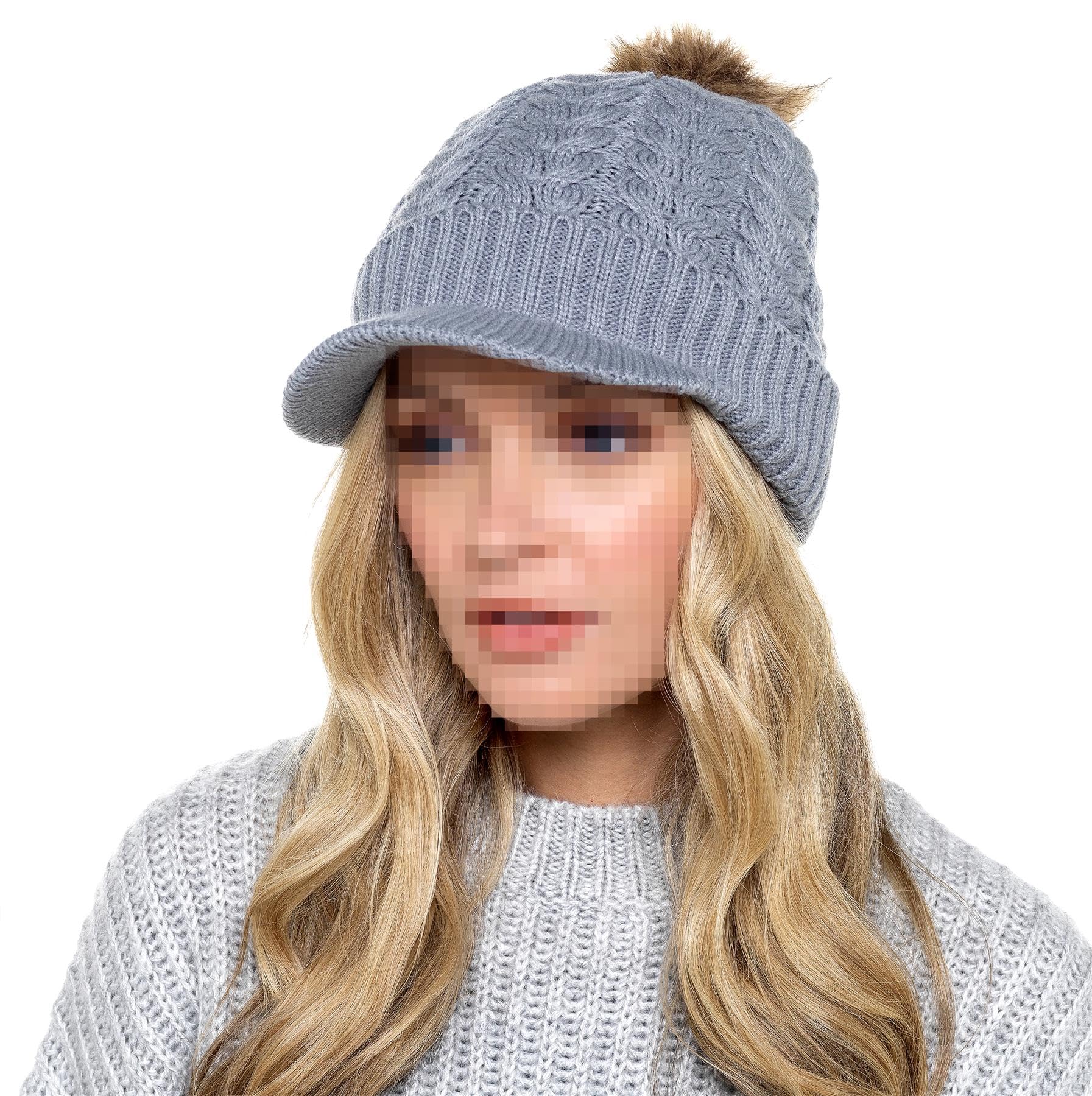 A2z Women's Grey Hat Cable Knitted Peaked Sherpa Lined Detachable Faux Fur Pom - Hat Lh873 One Size