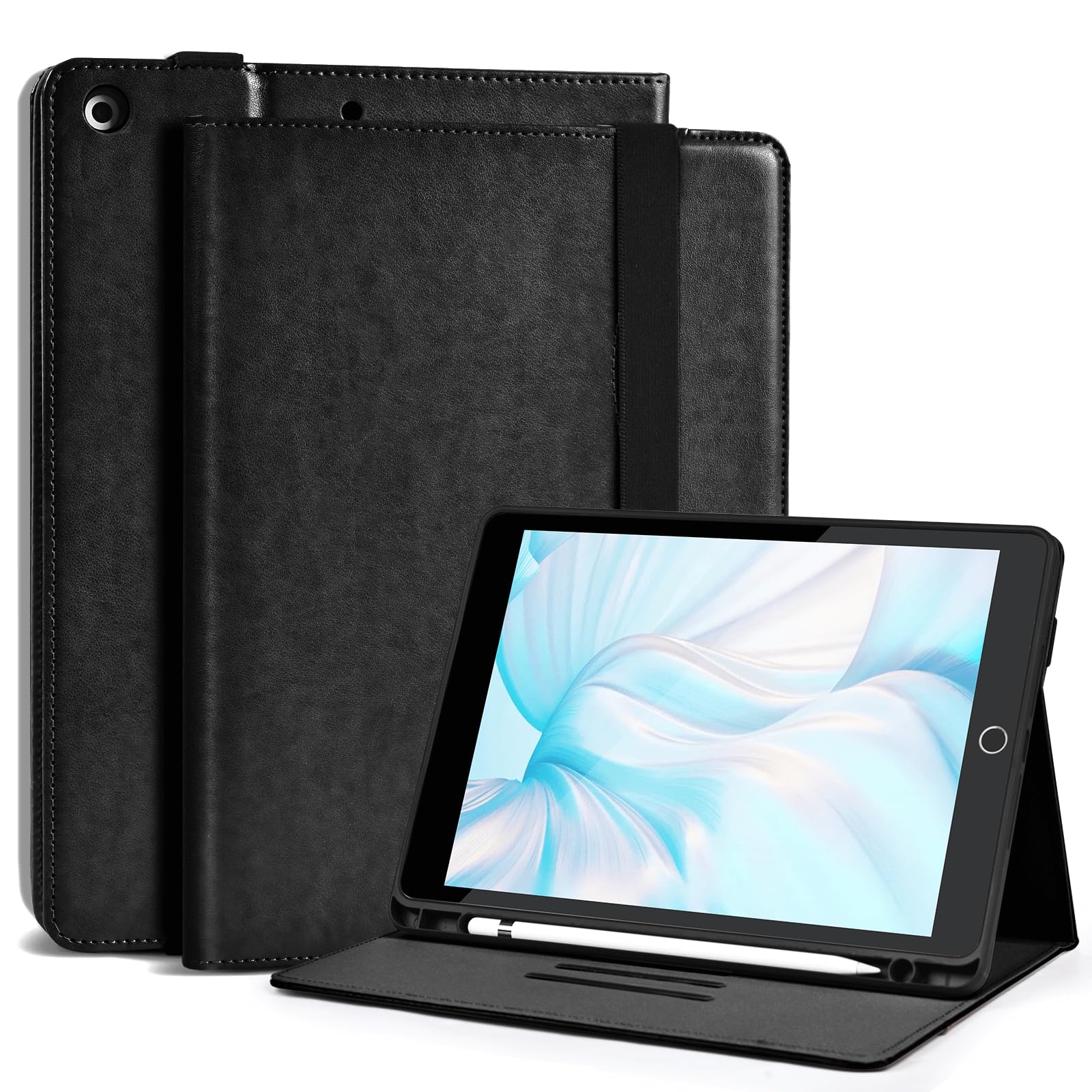 4UBonLife Hülle für iPad 9. /8. /7. Generation 10,2 Zoll 2021/2020/2019, PU Leder Multi-Winkel Folio Schutzhülle, Business Wallet Tablet Hülle mit Stifthalter Auto Schlaf/Wach Funktion,Schwarz