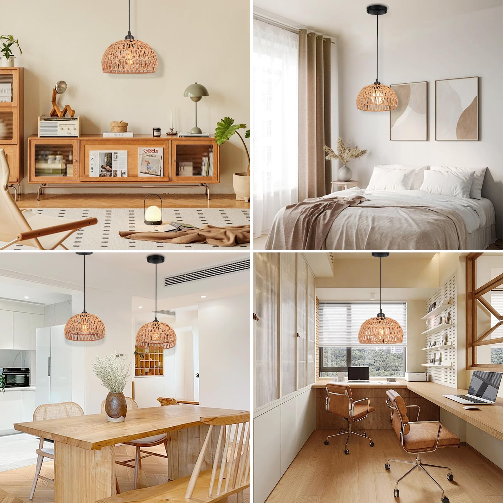 2 Stücke Vintage Boho Rattan Lampe Pendelleuchte Hängelampe, E27 Metalle Geflochten Lampenschirm Pendellampe, Ø25CM Rustikal Industrielle Kronleuchter für Schlafzimmer Kindergarten Korridor