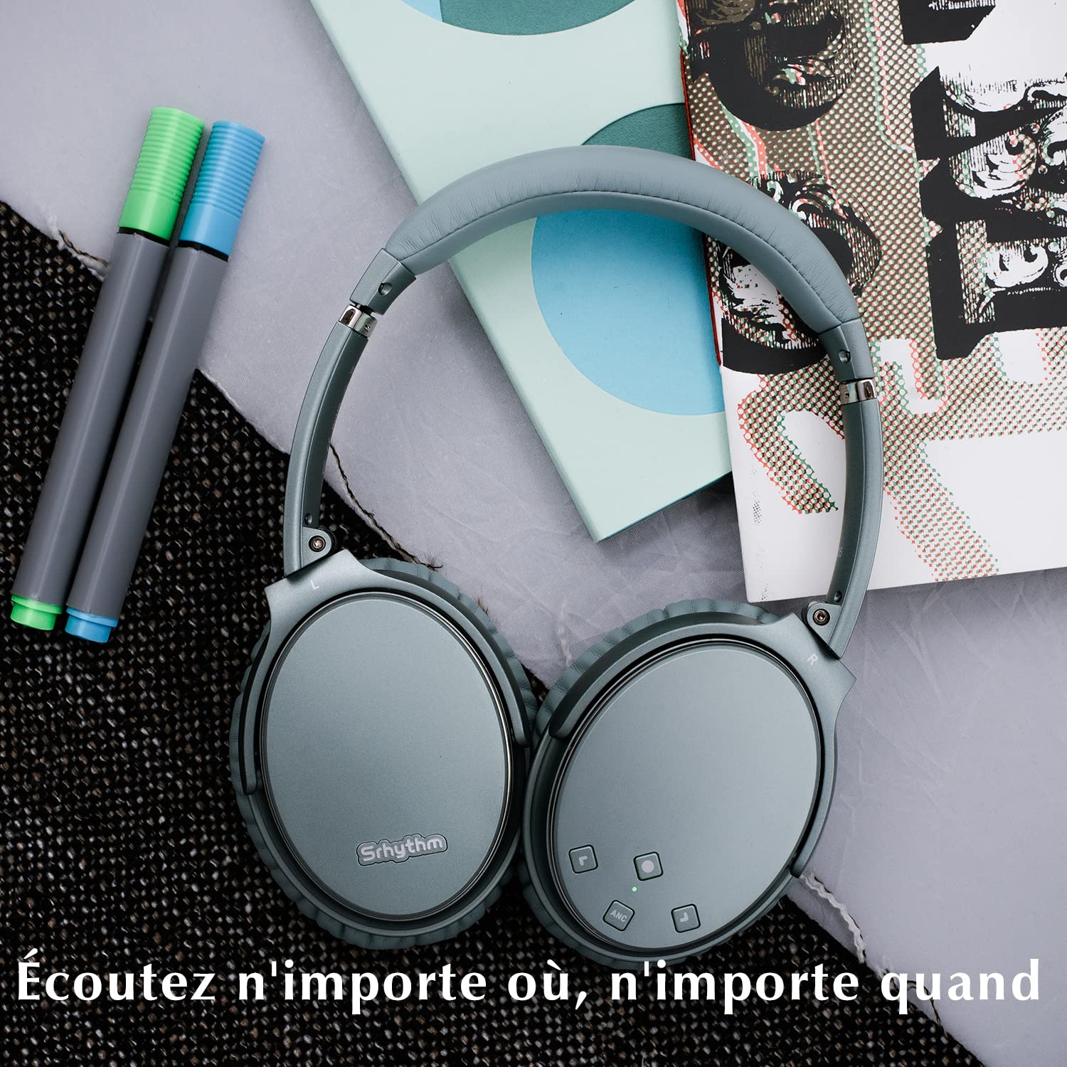 Srhythm NC35 Casque Bluetooth sans Fil V5.0 à Réduction de Bruit Active, 50H de Jeu, Circum-auriculaire à Charge Rapide avec Micro, Méga Basse, Mode de Transparence, écouteurs Connexion à 2 Appareils