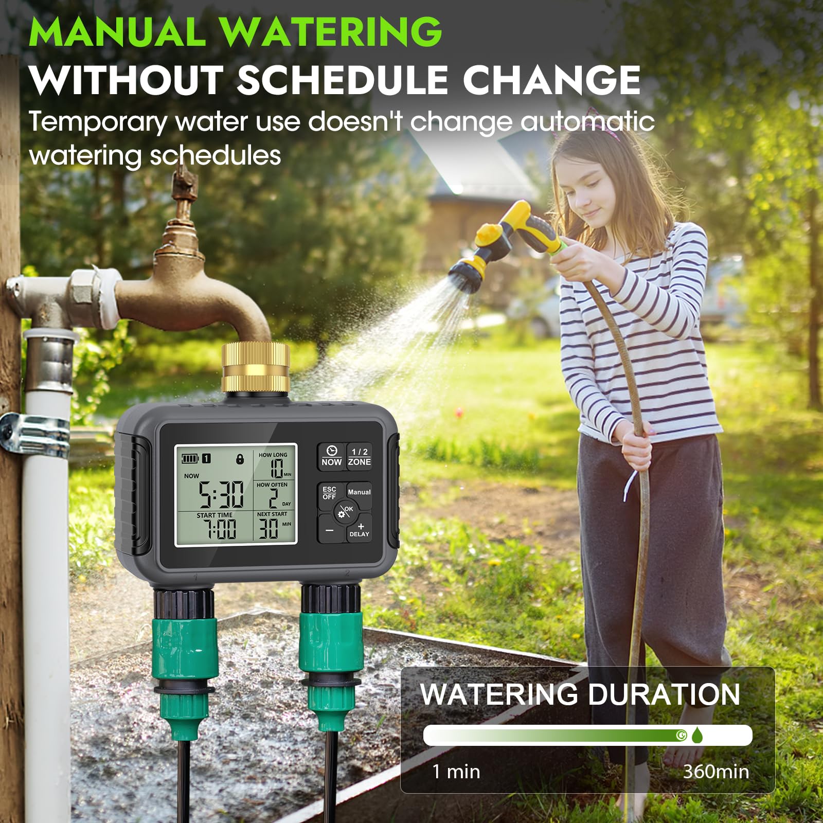 RIOGOO Temporizadores de Grifo para Manguera de jardín Exterior, Temporizador programable para aspersores con retardo por Lluvia (2 Outlet Water Timer)