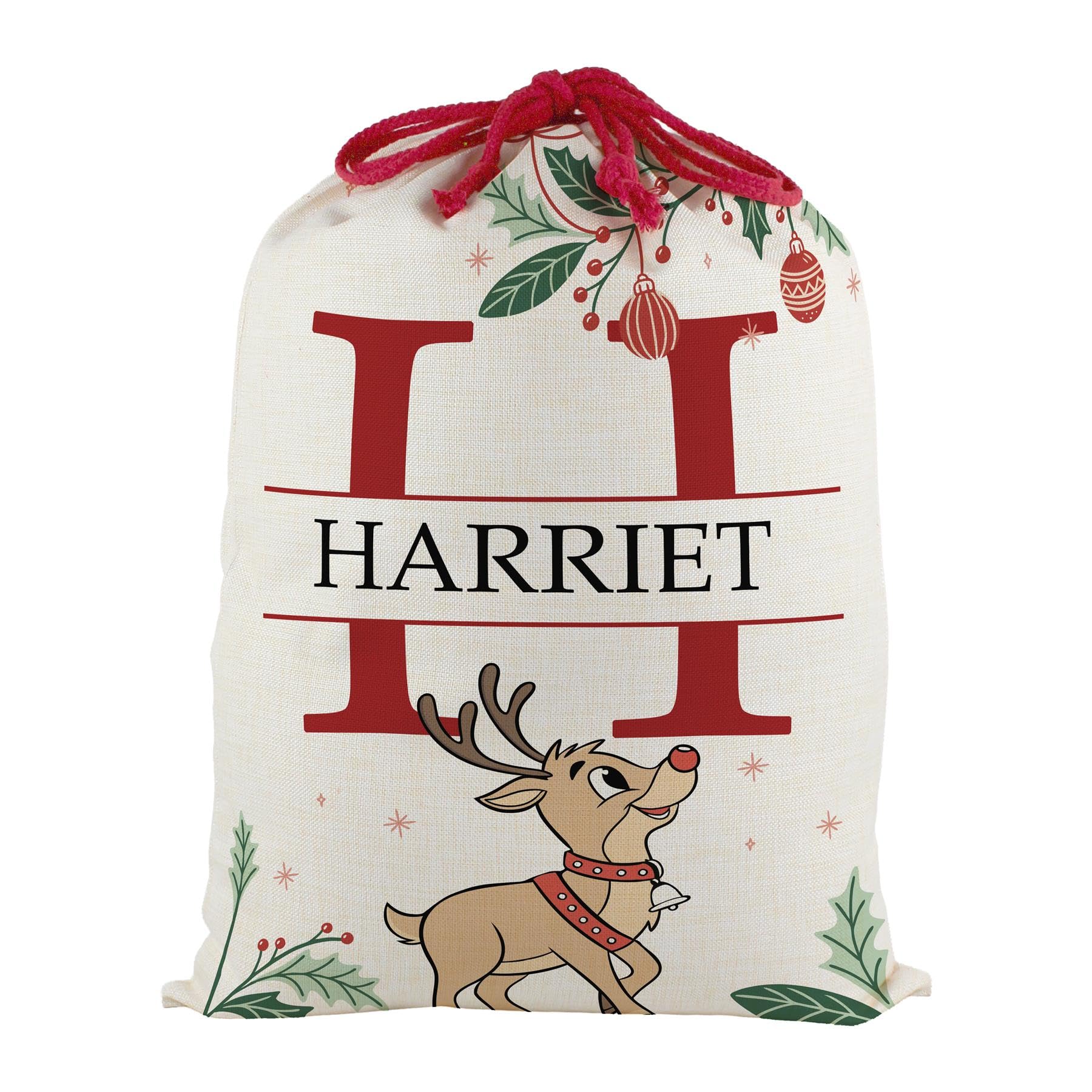 Personalised Letter H Kids Christmas Santa Sack, Extra Large Alphabet Stocking Gift Bag with Red Drawstring Ties for Xmas Gifts - Reindeer